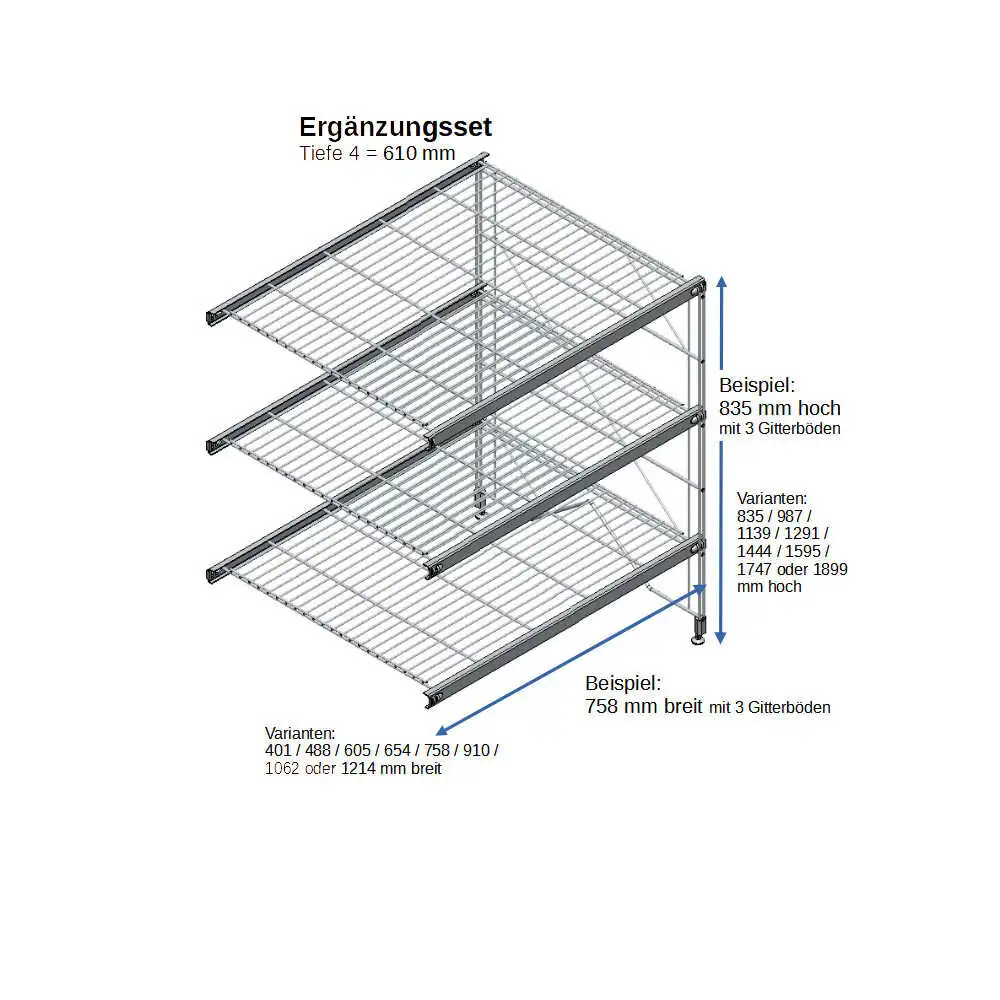 ETAGAIR Ergänzungsset 758 mm breit, für 610 cm tiefe Regale in verschiedenen Höhen