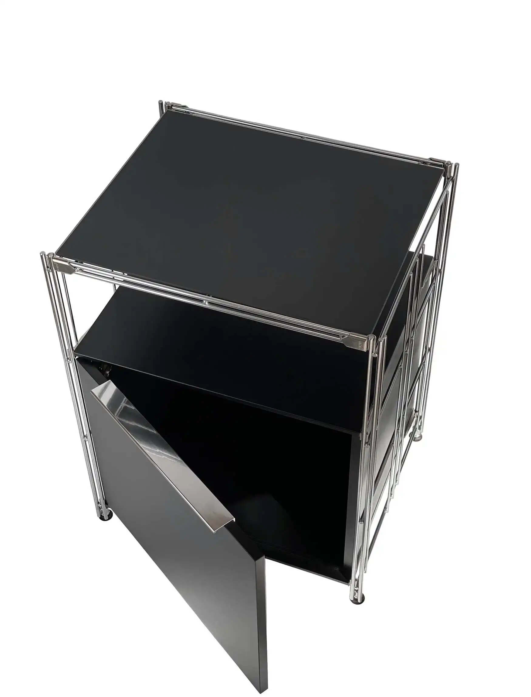 2023-002 Regal-Kombination 62x46x38 cm (Höhe x Breite x Tiefe) mit Holzkorpus mit Tür, Gitterboden aus Metall + Schwarzglasplatte