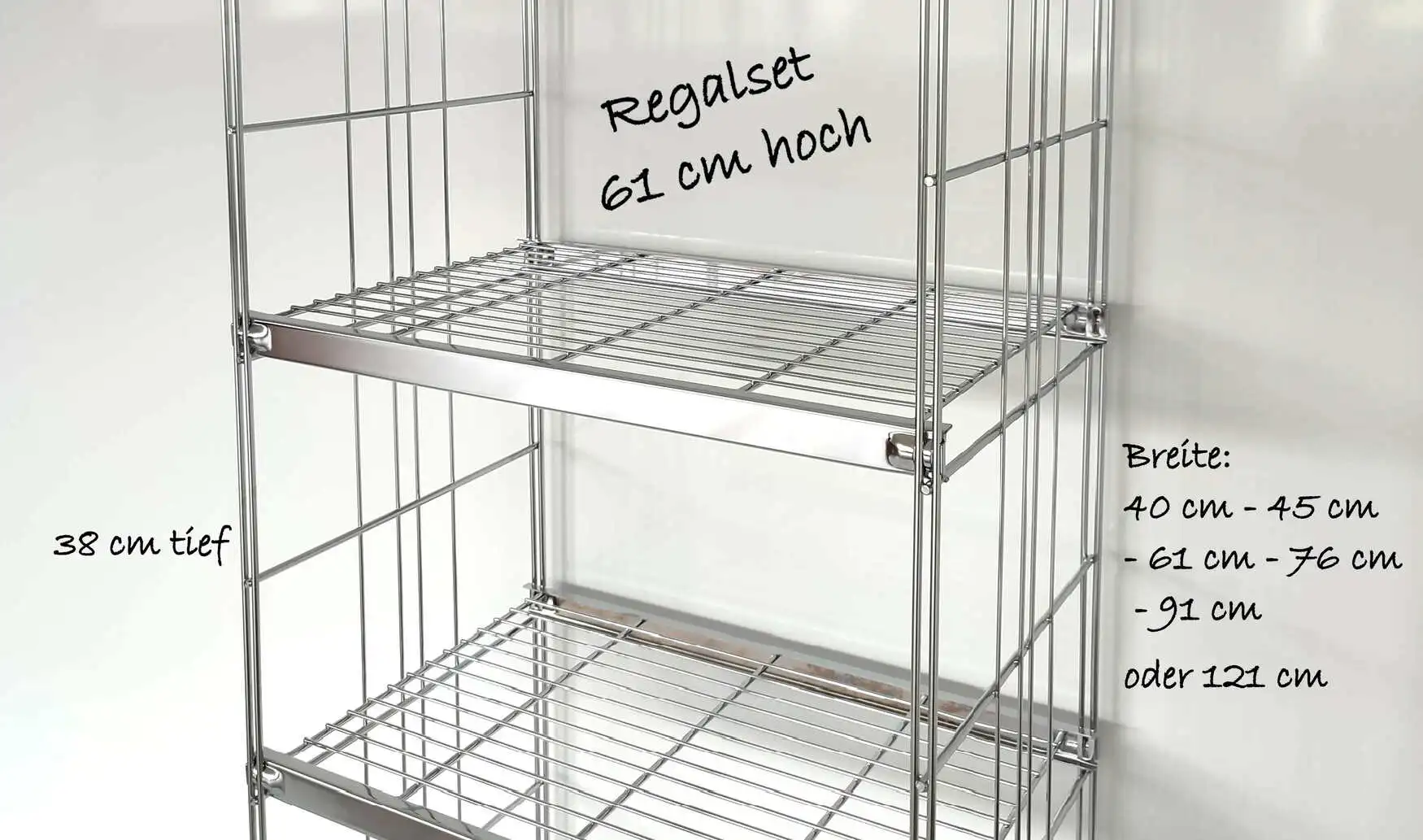 Regalset mit 2 Gitterböden in der gewählten Ausführung: 40 cm, 45 cm, 61 cm, 76 cm , 91 cm oder 121 cm breit, Metall verchromt , 38 cm tief