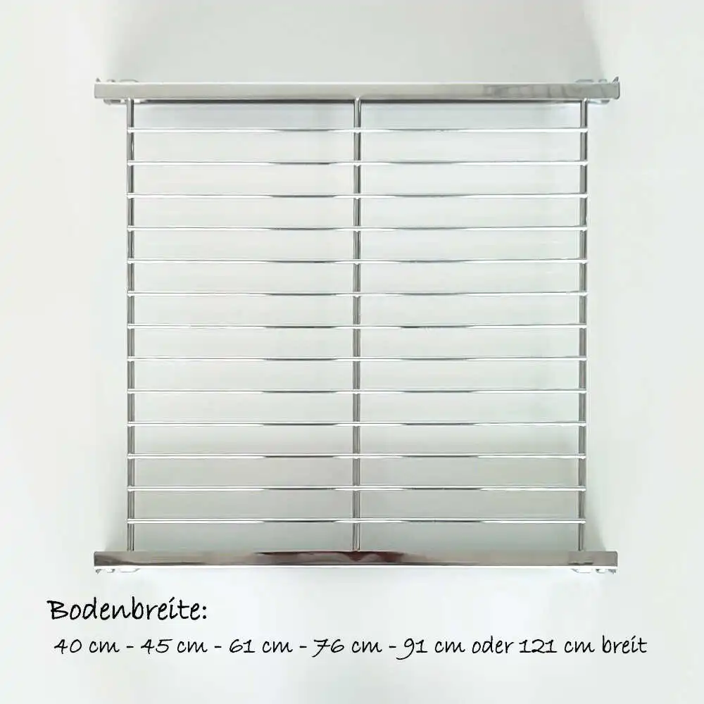 Der stabile Gitterboden ist in 40 cm, 45 cm, 61 cm, 76 cm , 91 cm oder 121 cm breit erhältlich, Metall verchromt