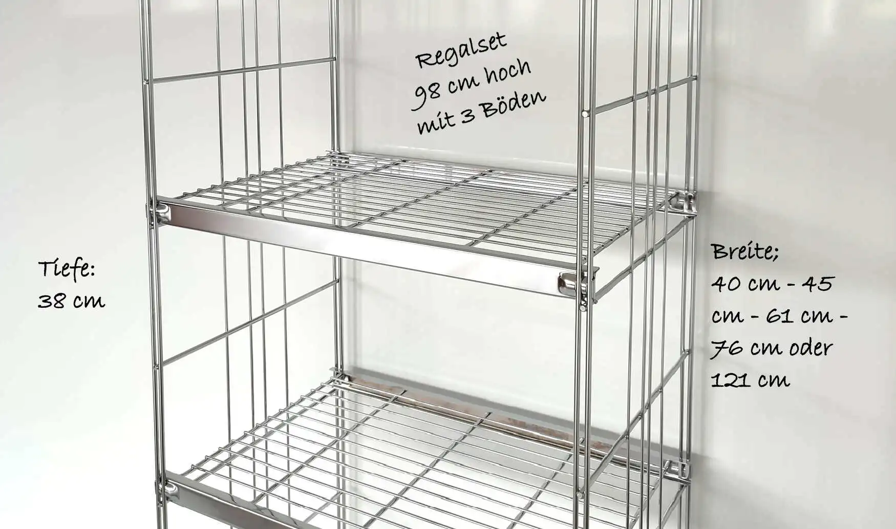 Regal Metall 98x38 cm (HxT) 40 - 45 - 61 - 76 - 91 oder 121 cm Breite mit 3 Gitterböden