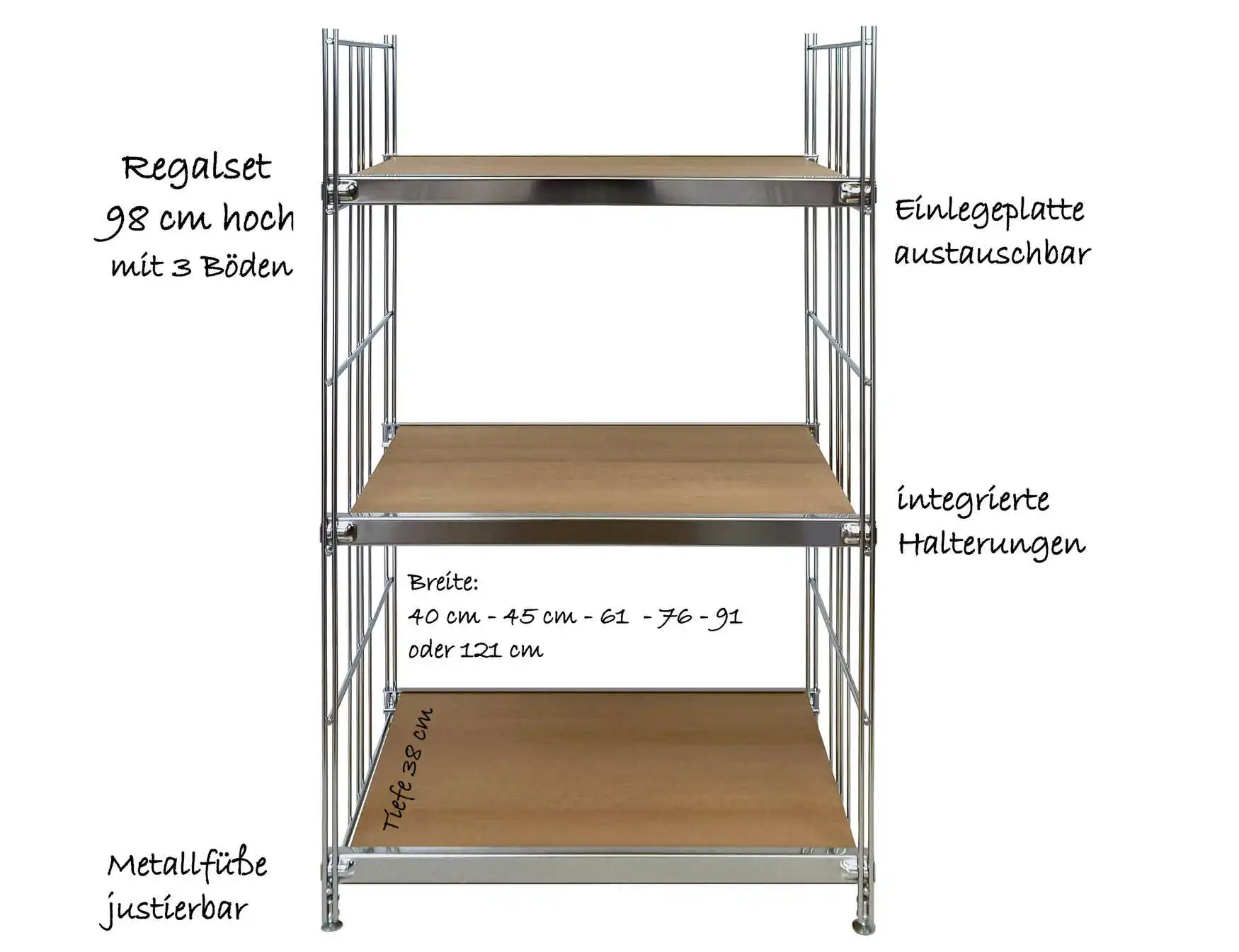 Regalset 98 x 38 cm (Höhe x Tiefe) bestehend aus 3x Metall-Rahmen mit Einlegeplatten, 19 mm (austauchbar) in der gewählten Ausführung: 40 cm, 45 cm, 61 cm, 76 cm , 91 cm oder 121 cm breit