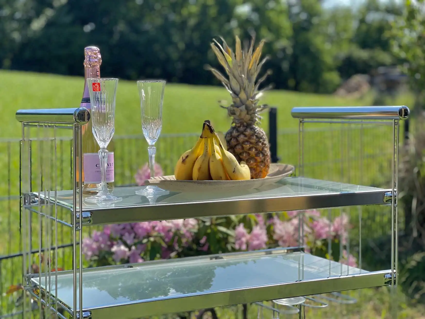 Servierwagen rollbar mit Glasböden Gläserhalter + Flaschenboden