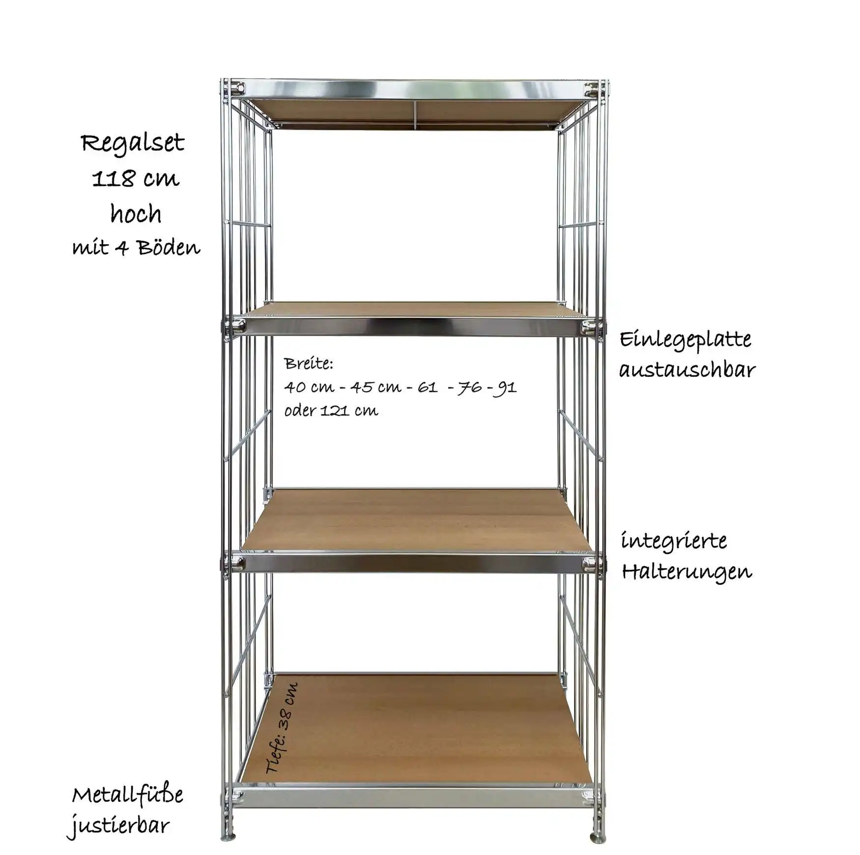 BelEtage Regalset mit 4 Böden - Buche Dekor-Einlegeplatten (austauschbar) - 118x38 cm (Höhe x Tiefe)