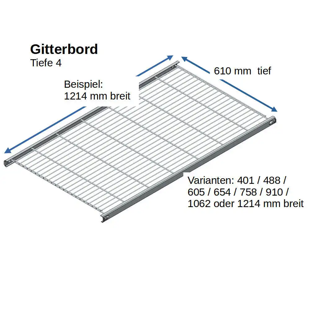 ETAGAIR Gitterbord 610 mm tief in verschiedenen Breiten, B440,B448, B461,B466, B476,B492,B4107,B4122