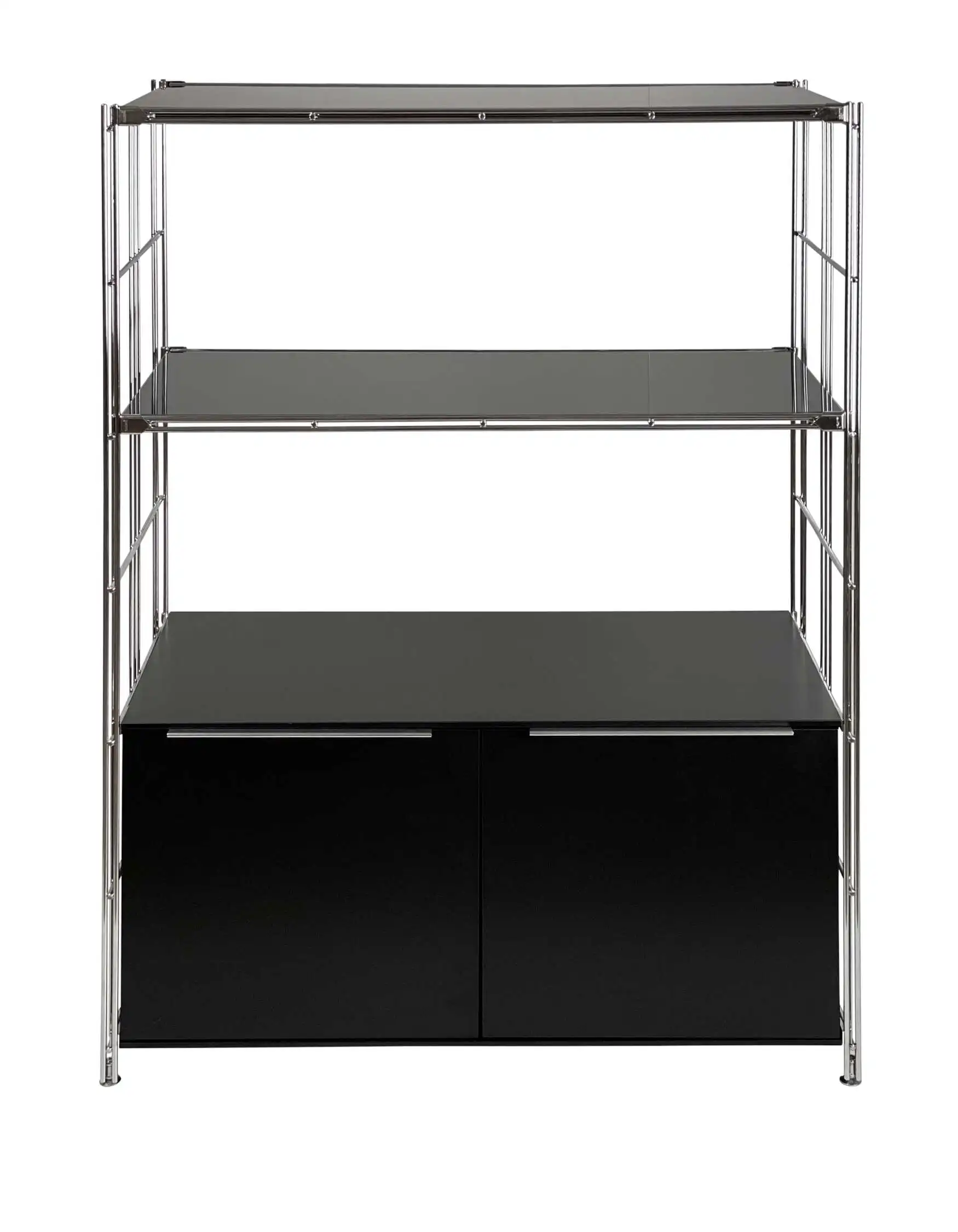 Metall Regal-Set kombiniert mit schwarze Türenkorpus und 2x Gitterboden mit schwarze Glasauflage