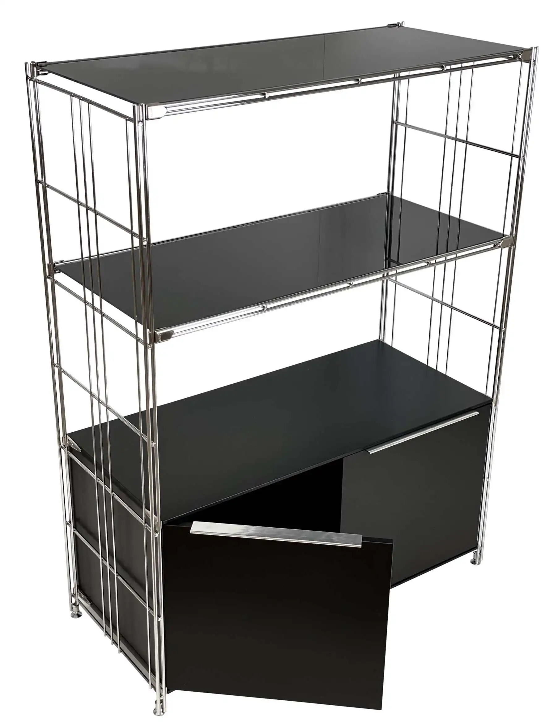 Regalset mit Türenkorpus, 2x Gitterboden mit schwarze Glasauflage