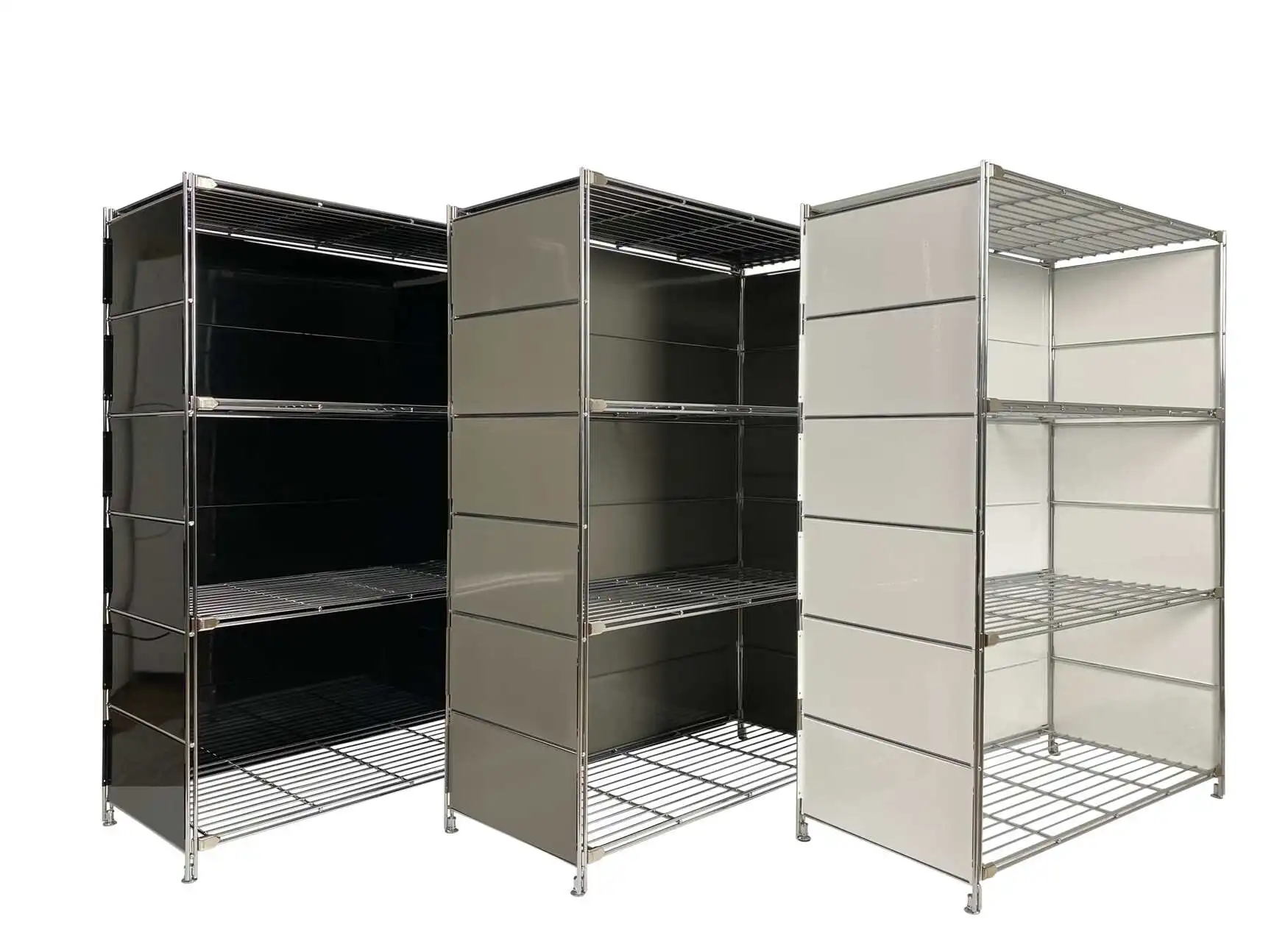 Metall Regale in schwarz, anthrazit und weiß mit komplett Verkleidung aus Metall