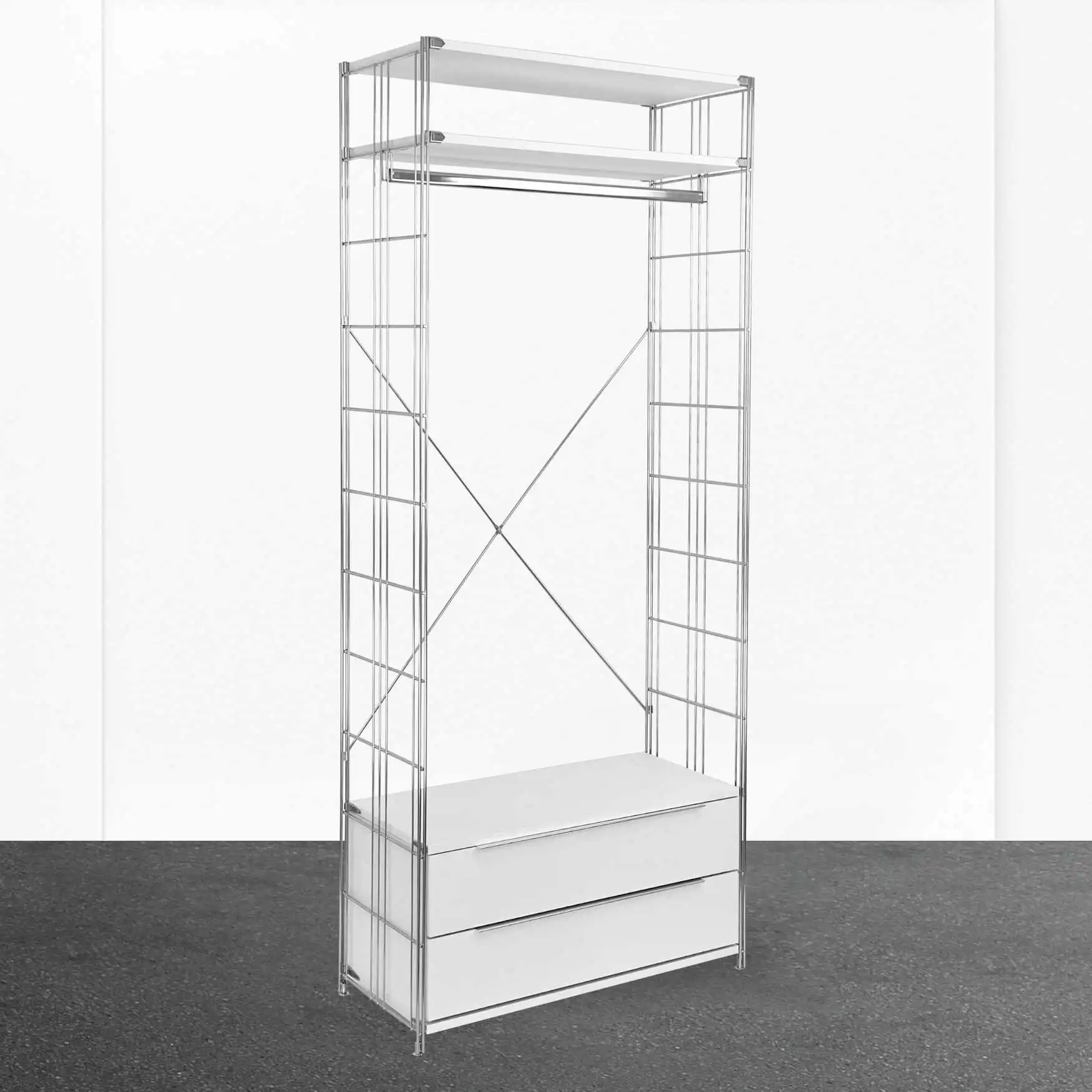 Garderobe 208 cm extra hoch mit 2 Schubfächern und 2 Holzböden Chrom-Weiss-Farb-Kombination