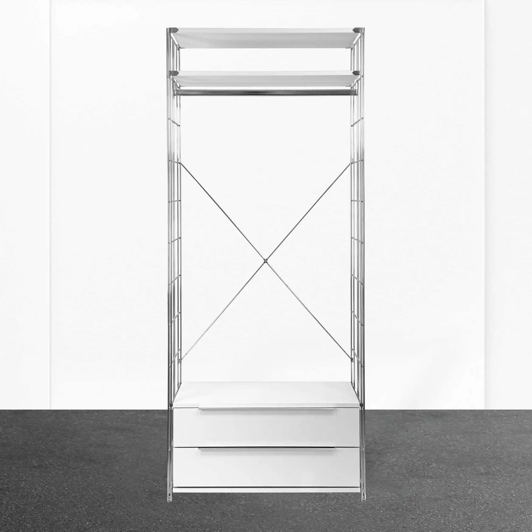 Garderobe 208 cm extra hoch mit 2 Schubfächern und 2 Holzböden Chrom-Weiss-Farb-Kombination