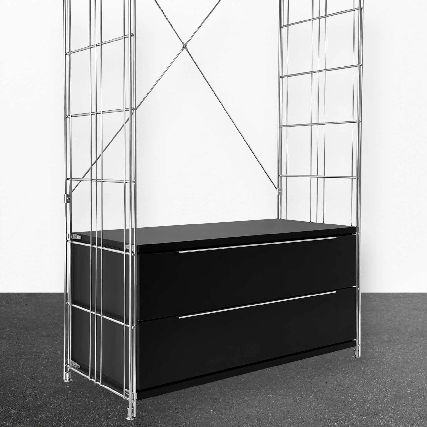 Garderobe 208 cm extra hoch mit 2 Schubfächern und 2 Holzböden edle Schwarz-Chrom-Farb-Kombination!