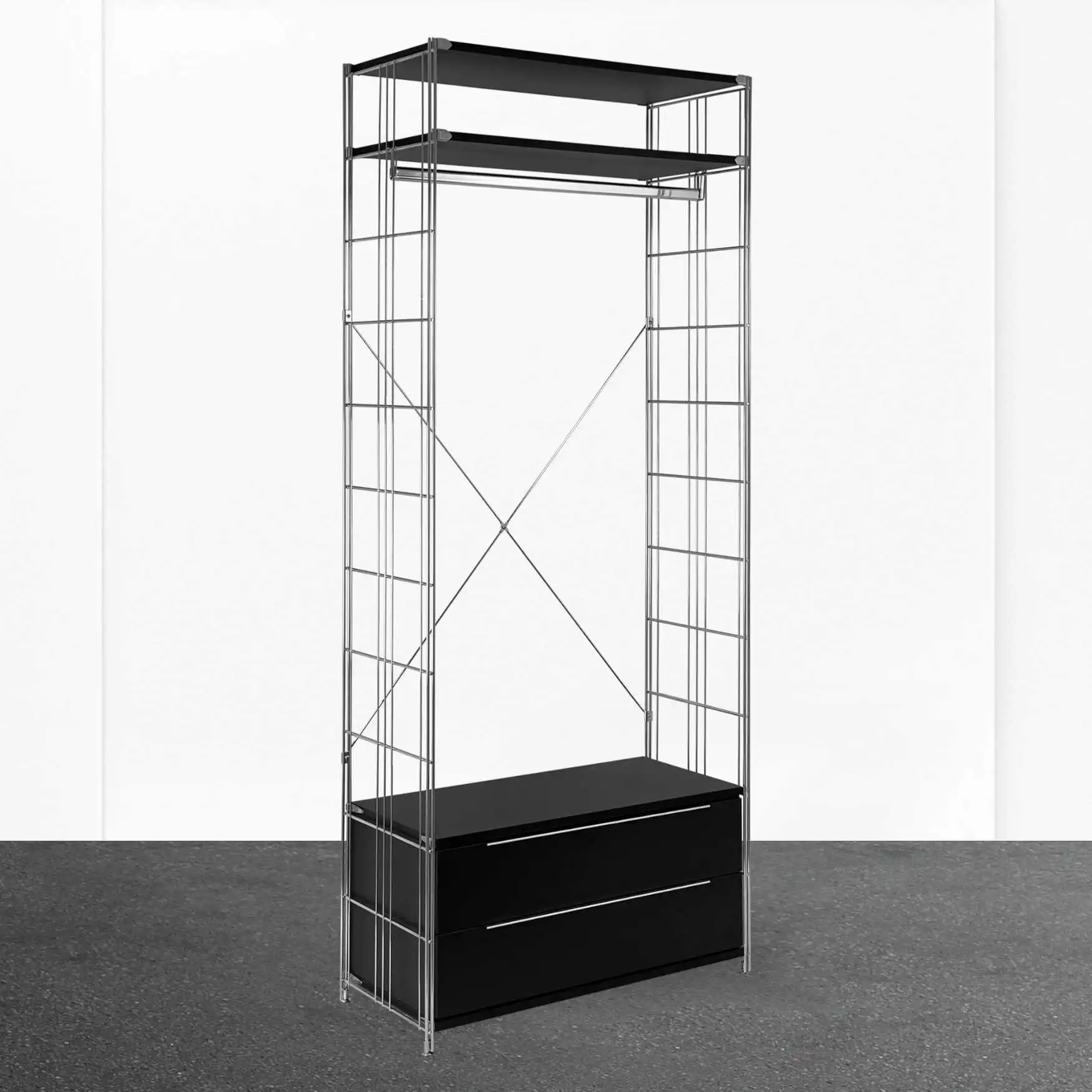 Garderobe 208 cm extra hoch mit 2 Schubfächern und 2 Holzböden edle Schwarz-Chrom-Farb-Kombination!