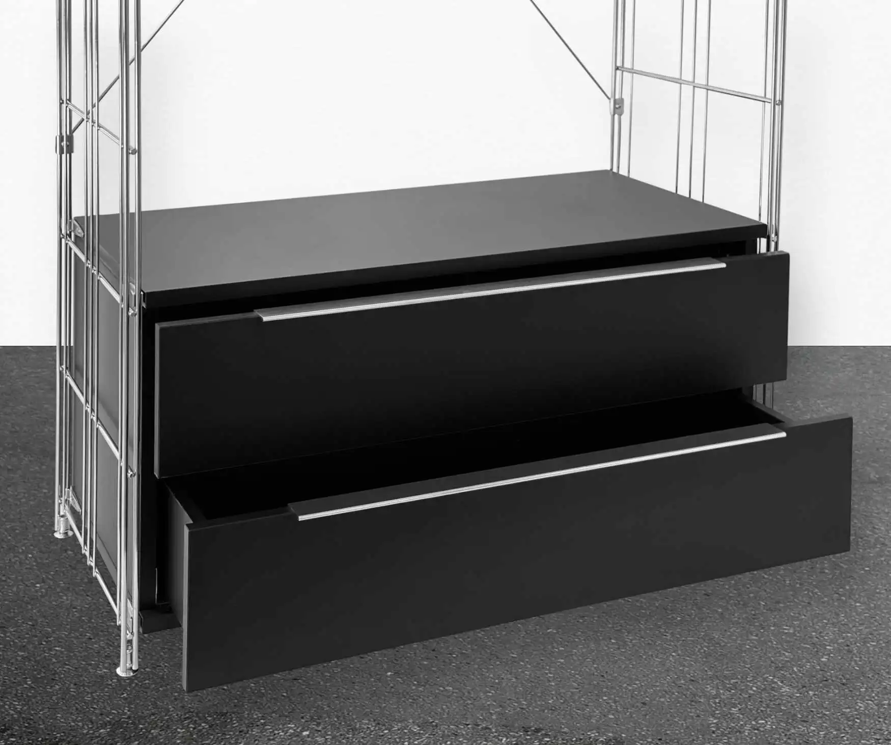 Garderobe 208 cm extra hoch mit 2 Schubfächern und 2 Holzböden edle Schwarz-Chrom-Farb-Kombination!