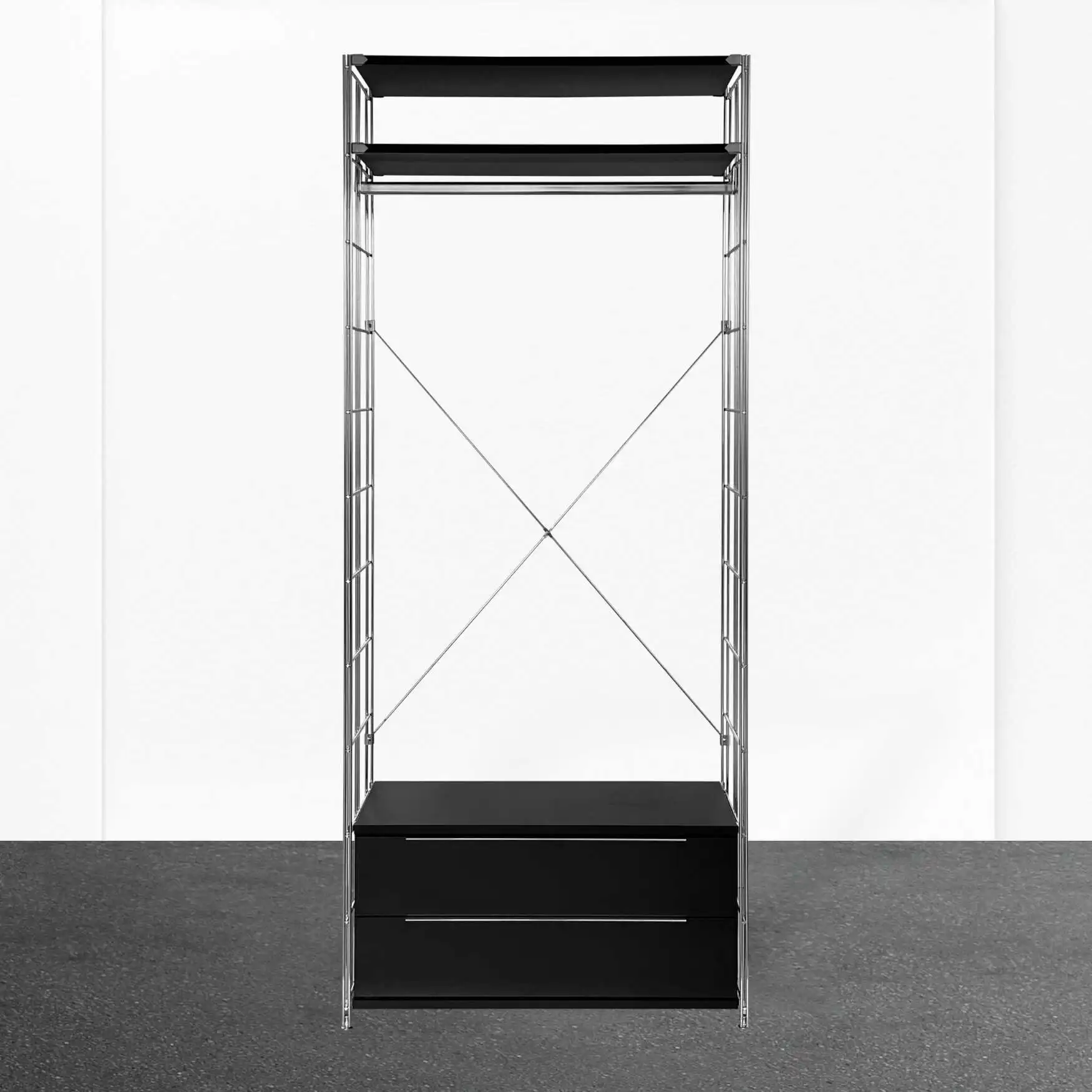 Garderobe 208 cm extra hoch mit 2 Schubfächern und 2 Holzböden edle Schwarz-Chrom-Farb-Kombination!