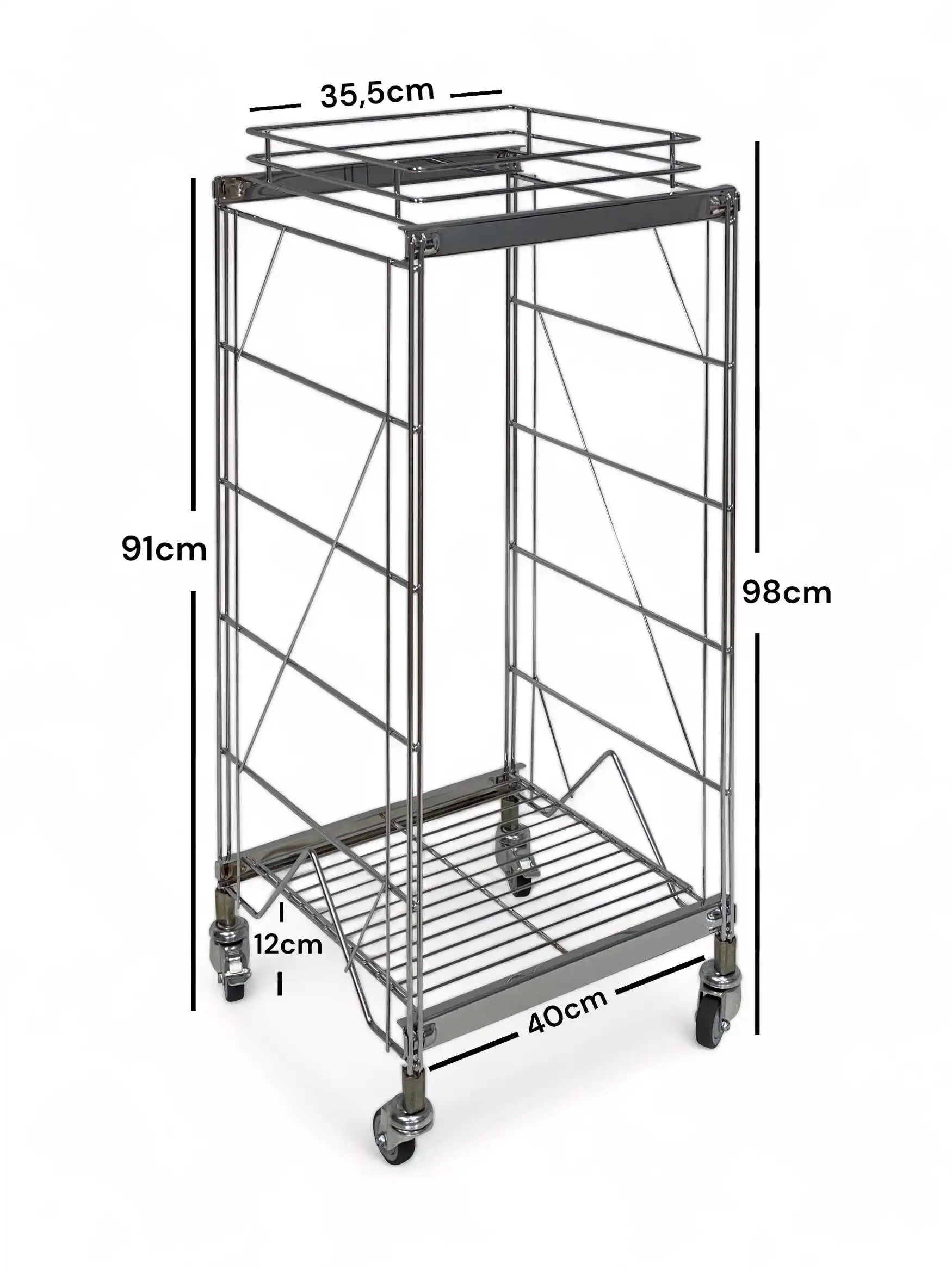 Der Wäschetrolly besteht aus einem Klemmrahmen, sowie 2 Seitenteilen, einem Boden und 4 Rollen.