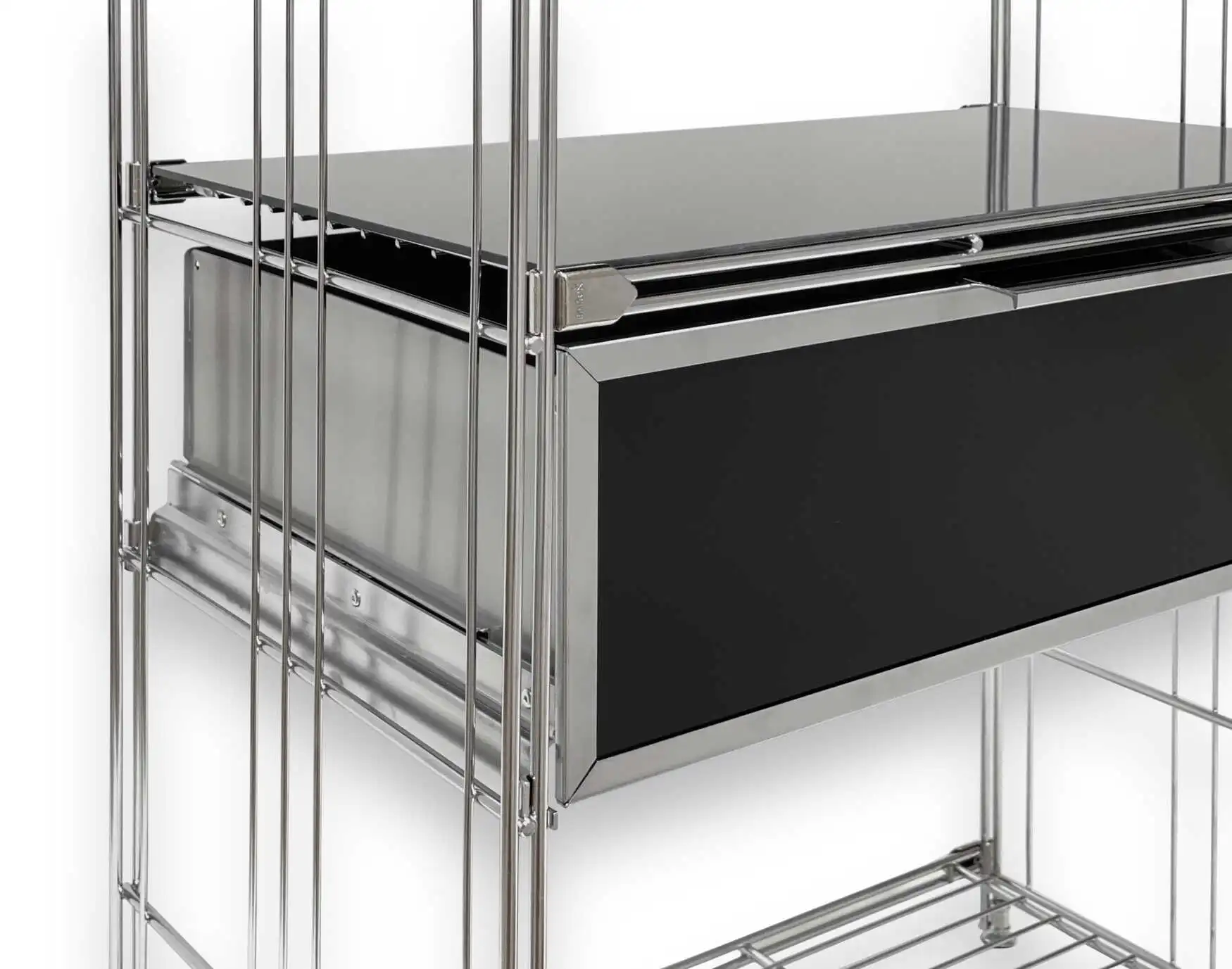 Metall-Schublade, Chrom mit Schubladenfront in Schwarzglas 46x37x38 cm passend zum Einbau in BIII 380 Regale