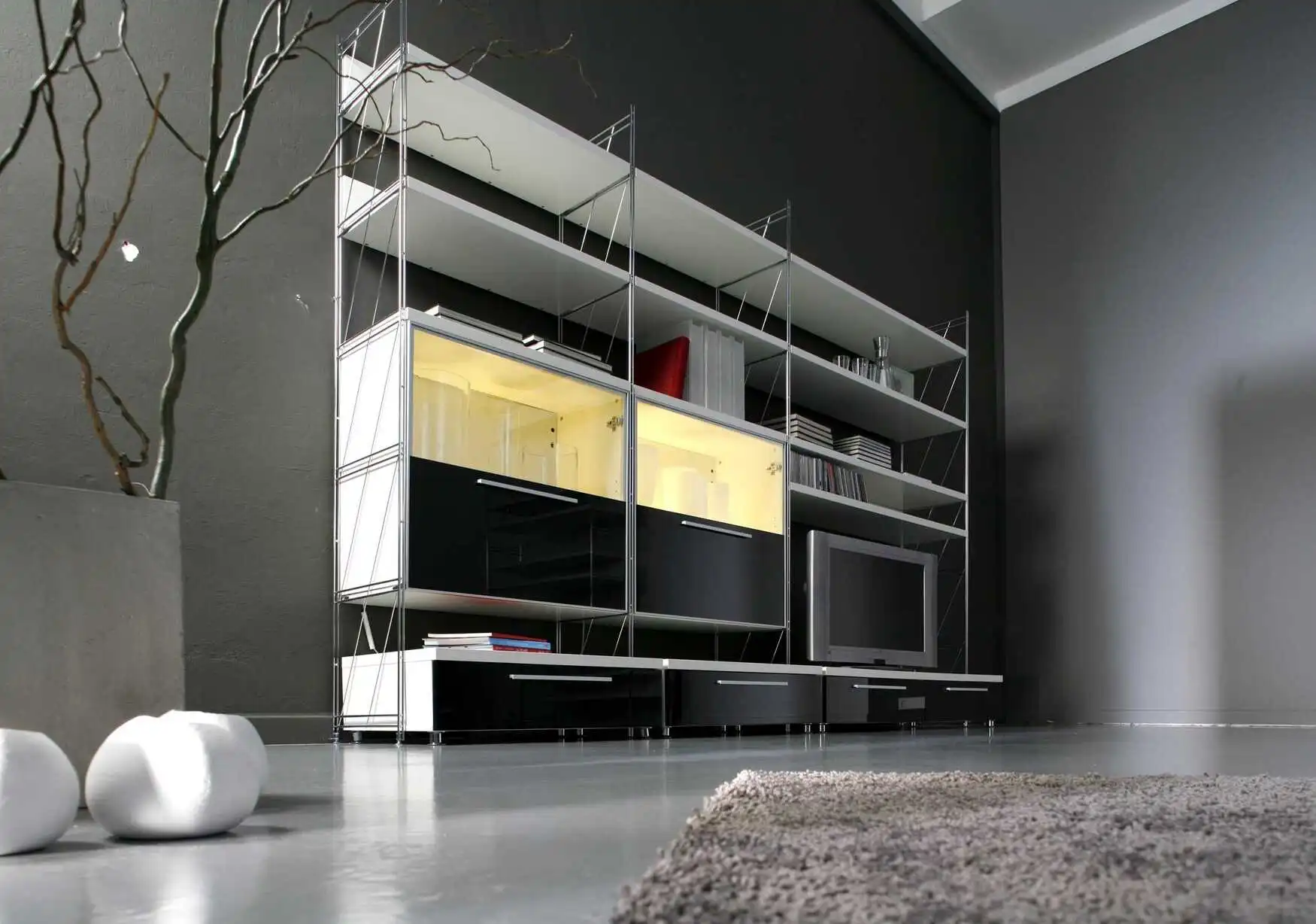 Schubladenkorpus mit 2 Schubfächern creme-weiß mit Glasfront in schwarz