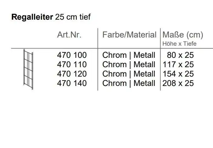 Regalleitern in folgenden Größen erhältlich: 80x25cm / 117x25 cm / 154x25 cm / 208x25 cm