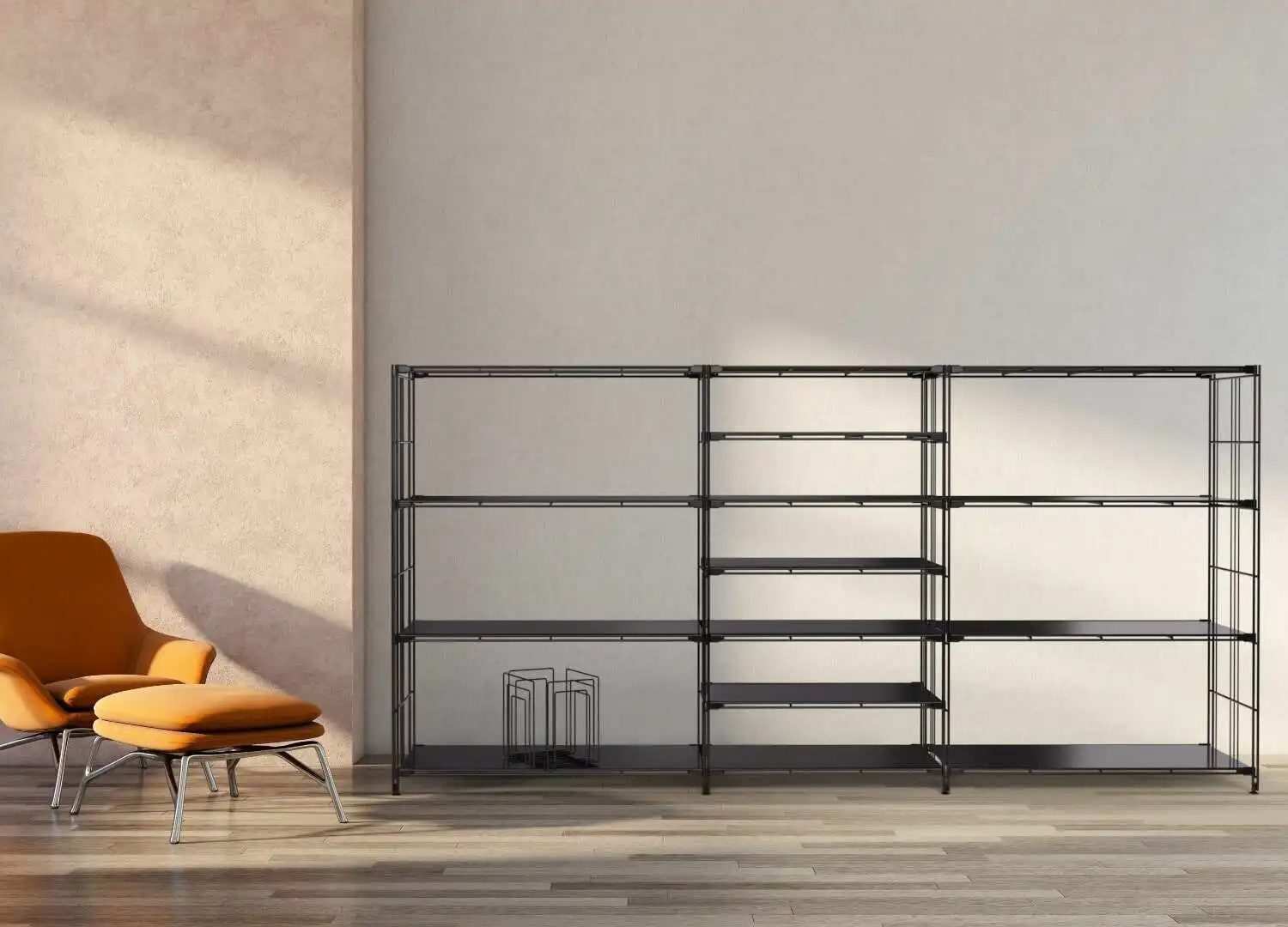 Metall-Regal in schwarz mit Schwarzglas-Auflagen Metall-Regal in schwarz mit Schwarzglas-Auflagen