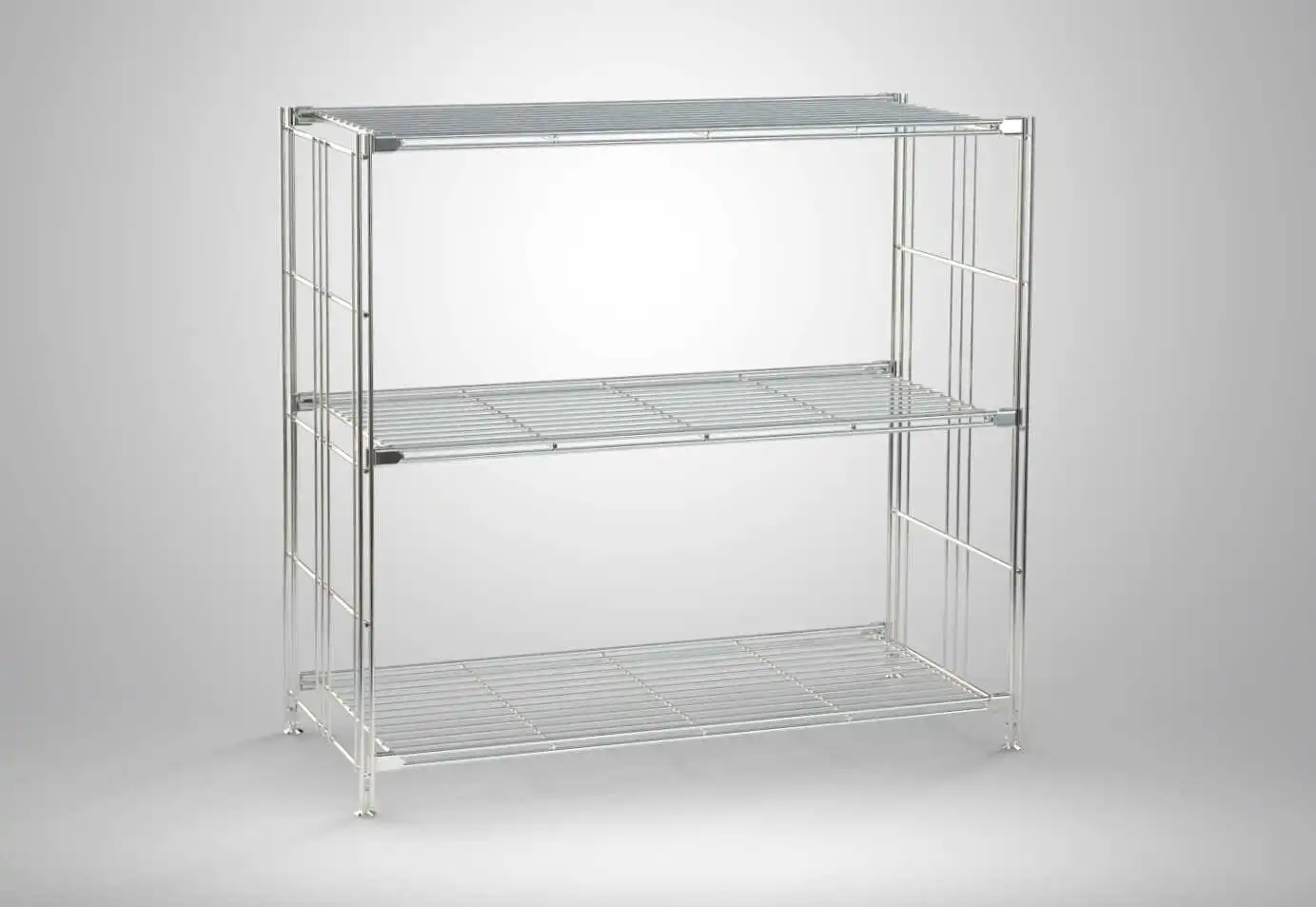 Entdecken Sie das elegante BIII Regalset mit 3 Gitterböden – die ideale Lösung für eine stilvolle und vielseitige Aufbewahrung in Ihrem Zuhause oder Büro. Mit seinen kompakten Abmessungen von 80 cm Höhe, 87 cm Breite und 38 cm Tiefe passt dieses verchromte Metallregal perfekt in jeden Raum und bietet Ihnen ausreichend Platz, um Ihre Lieblingsbücher, Dekorationen und Pflanzen ansprechend zu präsentieren.  Hergestellt aus hochwertigem verchromtem Metall, überzeugt das BIII Regal durch seine Langlebigkeit und Stabilität. Die vier Gitterböden sorgen für optimale Luftzirkulation und sind anpassbar, sodass Sie die Böden ganz nach Ihren Bedürfnissen montieren können. Das Regal wird in Deutschland produziert und vereint somit Qualität und Handwerkskunst in einem Produkt.  Ein besonderes Highlight des BIII Regals sind die höhenverstellbaren Schraubfüße, die es Ihnen ermöglichen, das Regal unkompliziert an verschiedene Bodenunebenheiten anzupassen. Zudem ist das Regal beliebig erweiterbar: Kombinieren Sie es mit stilvollen Glasauflagen oder nutzen Sie die Balton BIII Regalböden aus Metall, Holz oder Glas, um Ihr Regal zu einem einzigartigen Schmuckstück zu machen.  Das Set umfasst 2 Regalleitern (80 cm hoch) mit höhenverstellbaren Stellfüßen sowie 3 Gitterböden (87 cm breit, 38 cm tief) inklusive Befestigungs-Beschlägen. Die Breite des Regals ergibt sich aus der Breite der Regalboden (z. B. 85 cm) plus 2 cm für die Regalleitern, was insgesamt 87 cm ergibt. Beachten Sie, dass die Dekoration nicht im Lieferumfang enthalten ist.  Mit einem Gewicht von etwa 11,90 kg und der ansprechenden Chromfarbe ist das BIII Regal sowohl funktional als auch ästhetisch ansprechend. Profitieren Sie von der Qualität der Serie BIII 380 und bringen Sie Ordnung und Stil in Ihr Zuhause.  Bestellen Sie noch heute das BIII Regalset mit 3 Gitterböden in unserem Online-Shop und genießen Sie eine schnelle Lieferung sowie einen hervorragenden Kundenservice. Verpassen Sie nicht die Gelegenheit, Ihr Zuhause mit diesem vielseitigen Regal zu bereichern! BALTON BIII Regal mit 3 Gitterböden 80 x 87 x 38 cm Farbe: Chrom