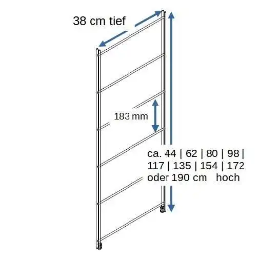 Regalseitenteil chrom ohne Dekostäbe - 80 cm - 98 cm - 117 cm - 135 cm - 154 cm - 172 cm - 190 cm