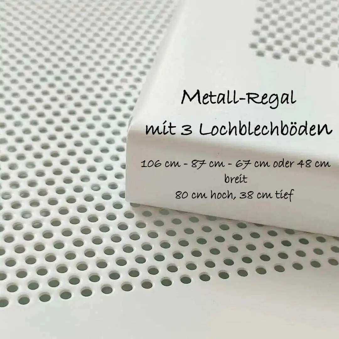 Regalset bestehend aus: 2x Regalleitern (Chrom), 3 Lochblechböden pulverbeschichtet weiß seidenmatt in 48 cm, 67 cm, 87 cm oder 106 cm Breite, 38 cm tief, 80 cm hoch