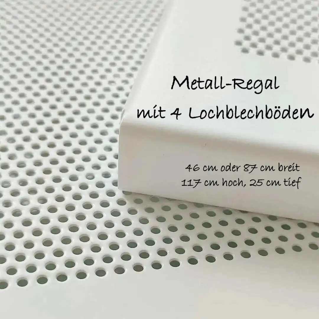 Metall-Regal extra schmal mit 4 weißen Lochblechböden - chice Metall-Chrom-Kombination 117x25 cm (Höhe x Tiefe)  48 cm oder 87 cm breit