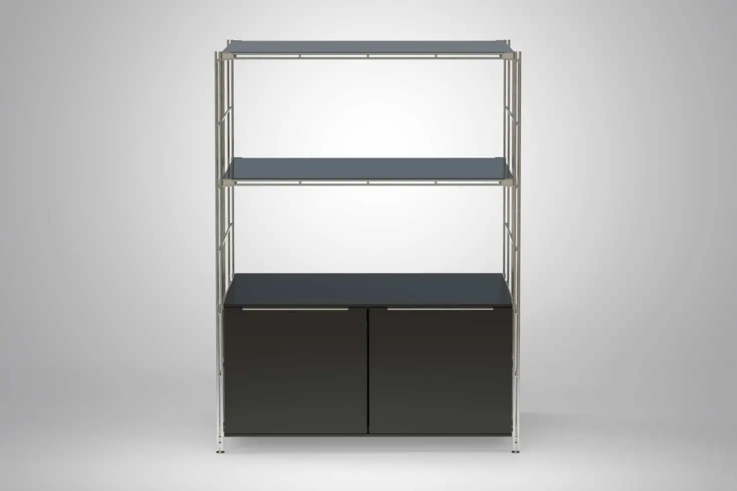 Regalset aus Metall-Holz Mix, Holzkorpus mit Türen und 2x Gitterboden mit Schwarzglas Auflage