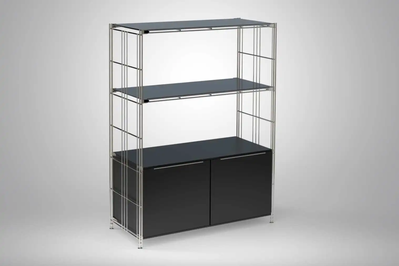 Regalset mit Türenkorpus, 2x Gitterboden mit schwarze Glasauflage