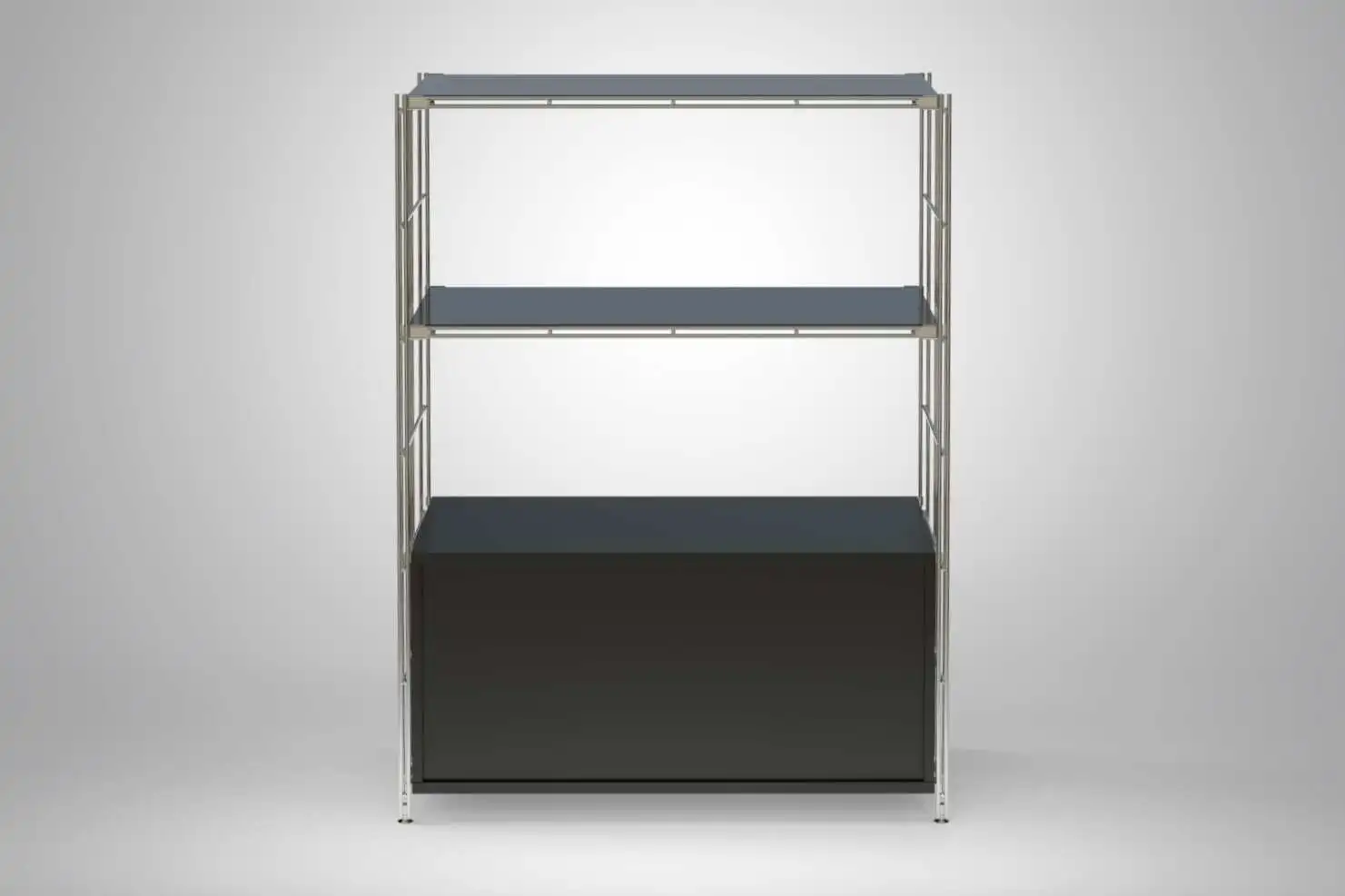 Regalset mit Türenkorpus, 2x Gitterboden mit schwarze Glasauflage