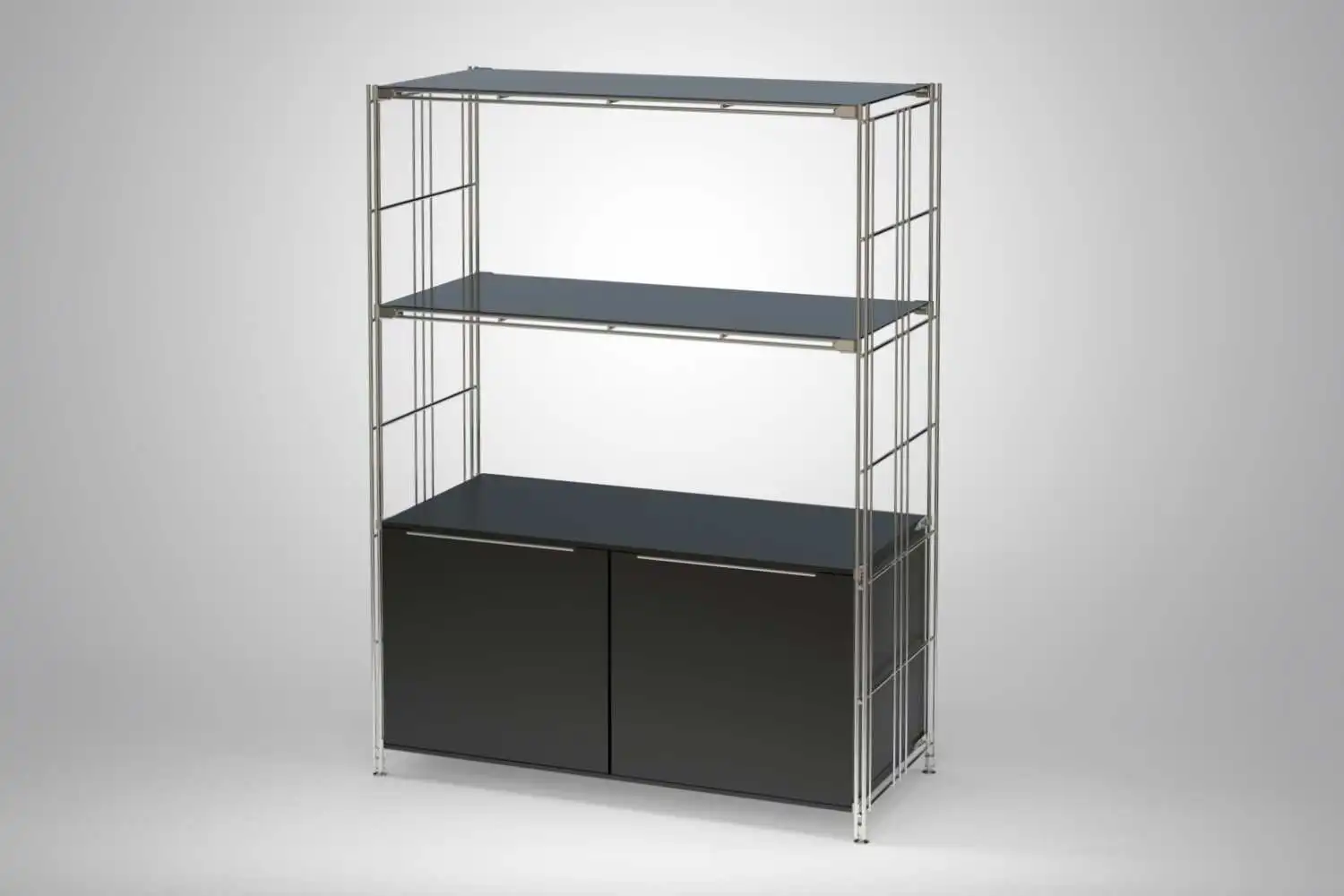 Regalset aus Metall-Holz Mix, Holzkorpus mit Türen und 2x Gitterboden mit Schwarzglas Auflage