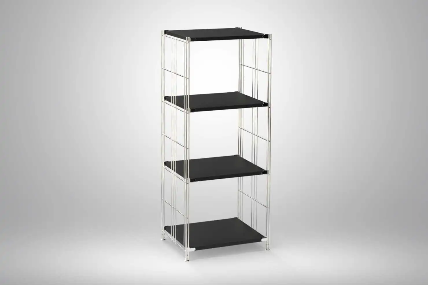 Regal 117x46x38 mit schwarz lackierten Holzböden und Chrom Leitern - modular erweiterbar