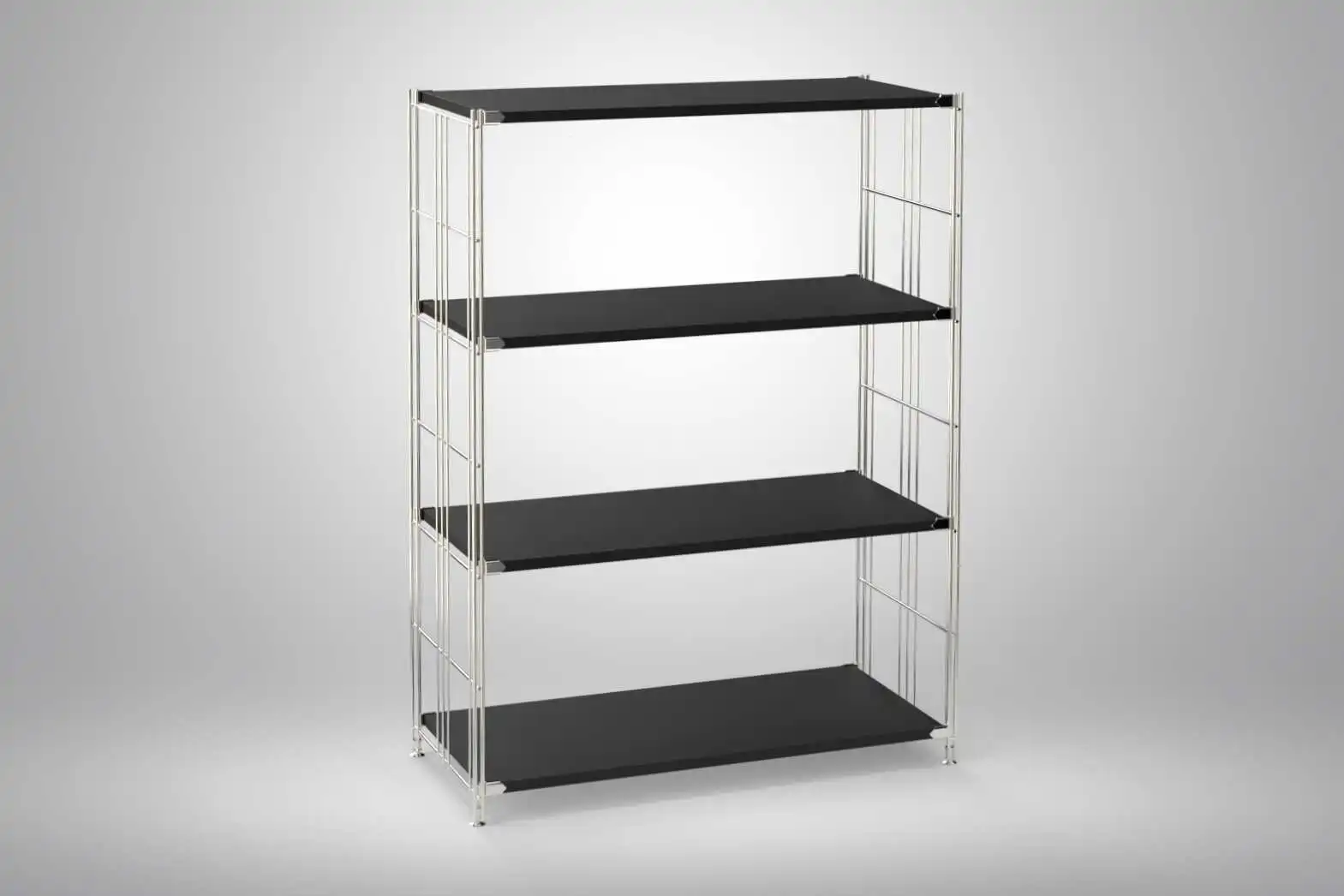 Regal 117x85x38 mit schwarz lackierten Holzböden und Chrom Leitern - modular erweiterbar