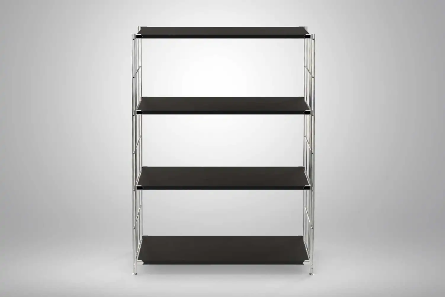 Regal 117x85x38 mit schwarz lackierten Holzböden und Chrom Leitern - modular erweiterbar