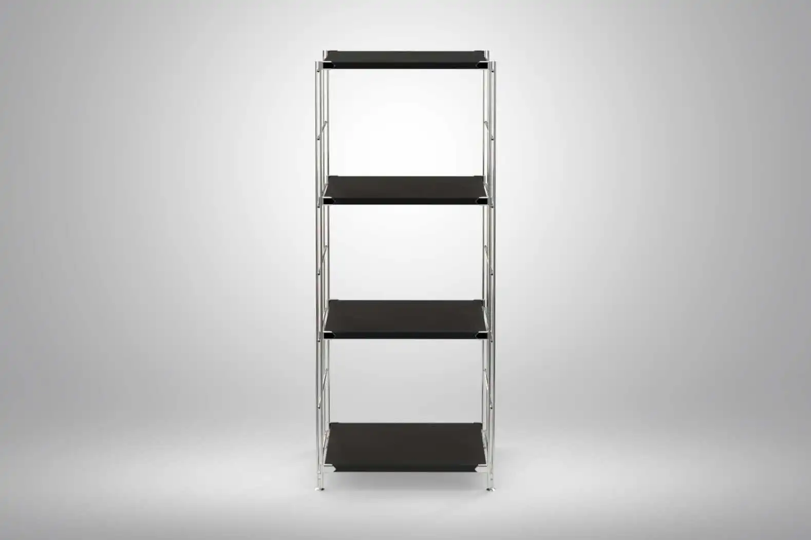 Regal 117x46x38 mit schwarz lackierten Holzböden und Chrom Leitern - modular erweiterbar