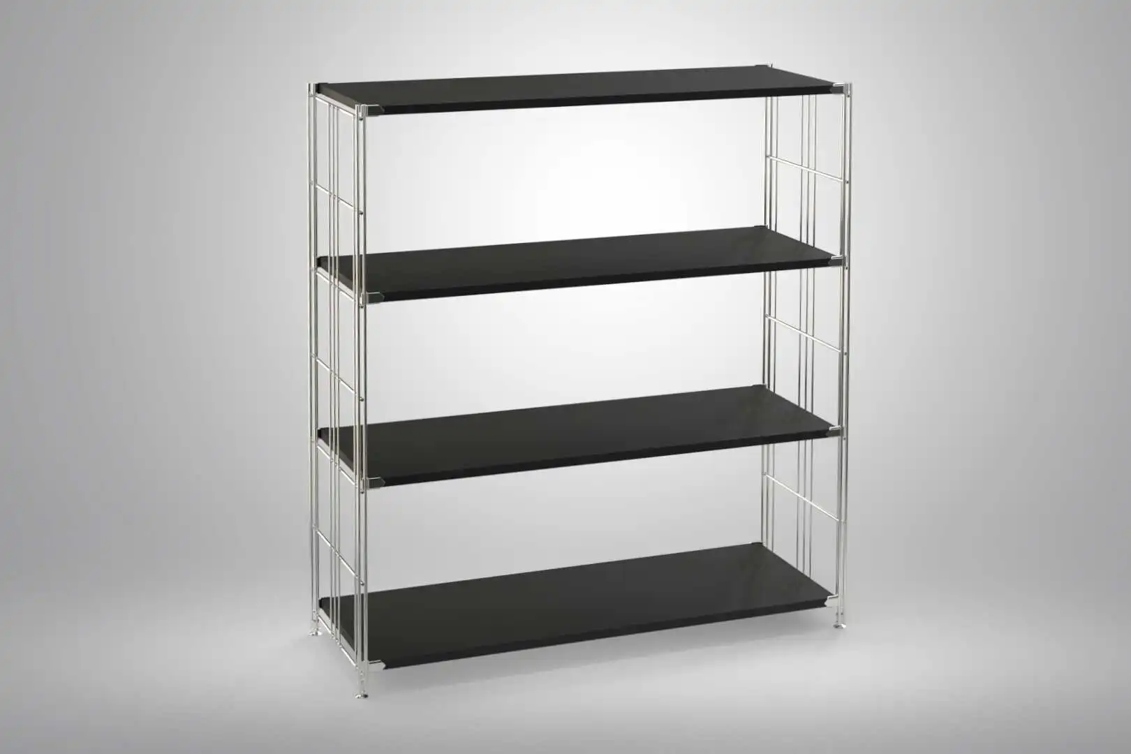 Regal 117x104x38 mit schwarz lackierten Holzböden und Chrom Leitern - modular erweiterbar