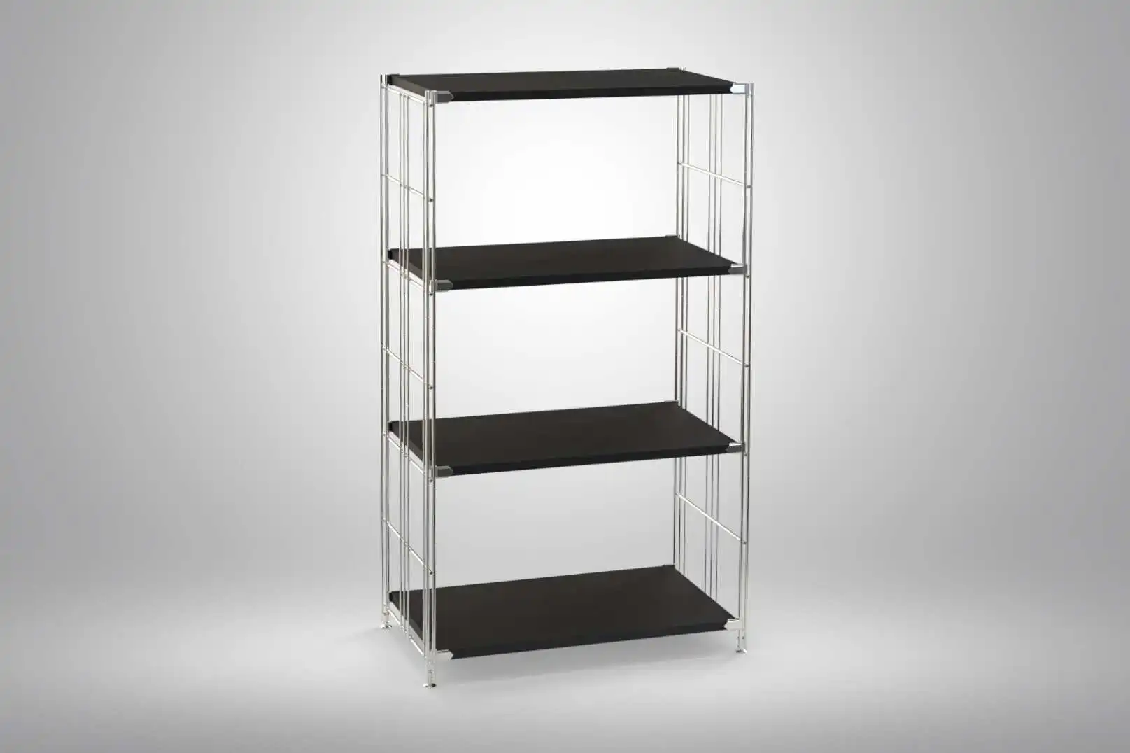 Regal 117x65x38 mit schwarz lackierten Holzböden und Chrom Leitern - modular erweiterbar