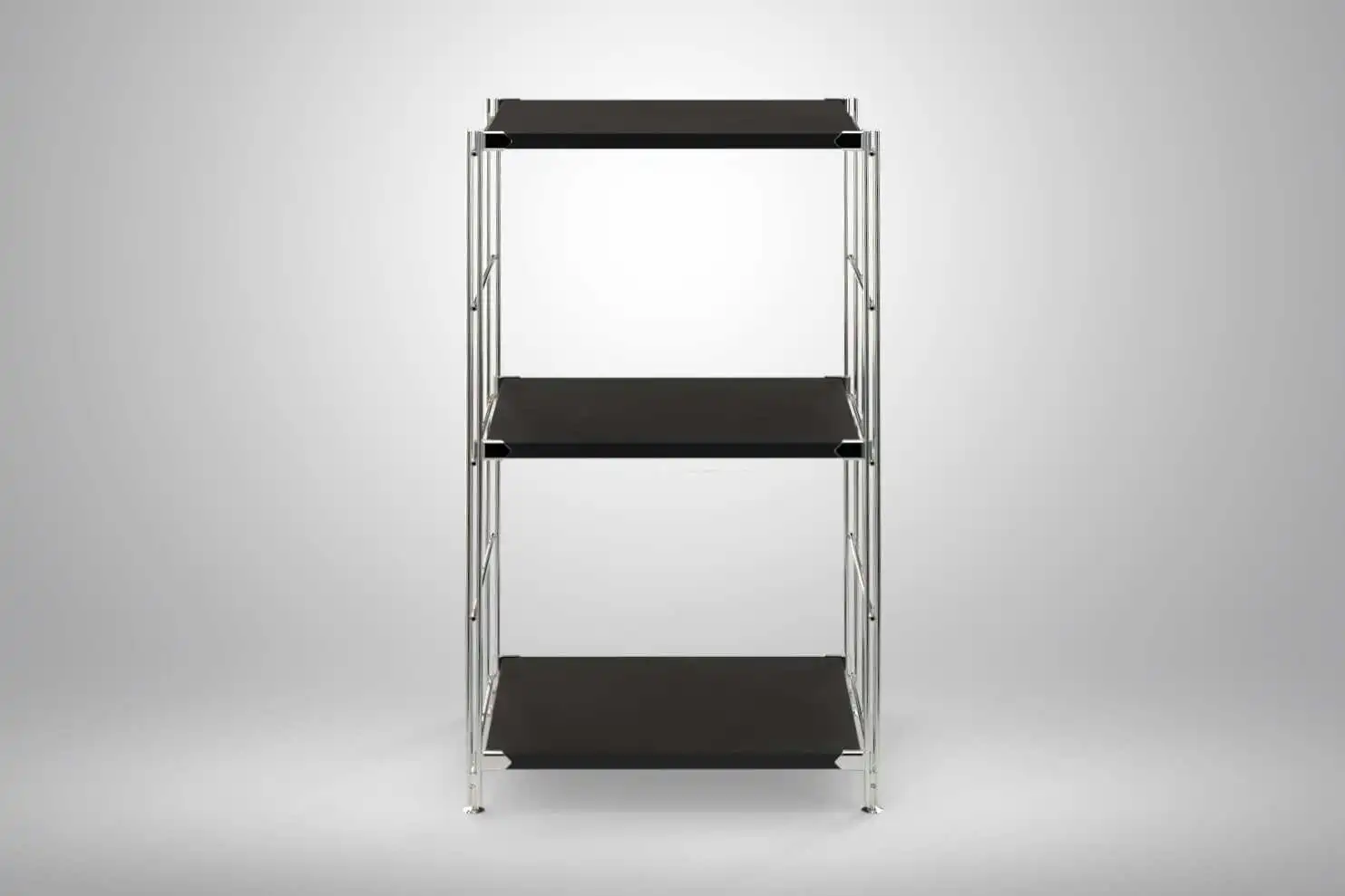 Regal 80x46x38 mit schwarz lackierten Holzböden und Chrom Leitern - modular erweiterbar