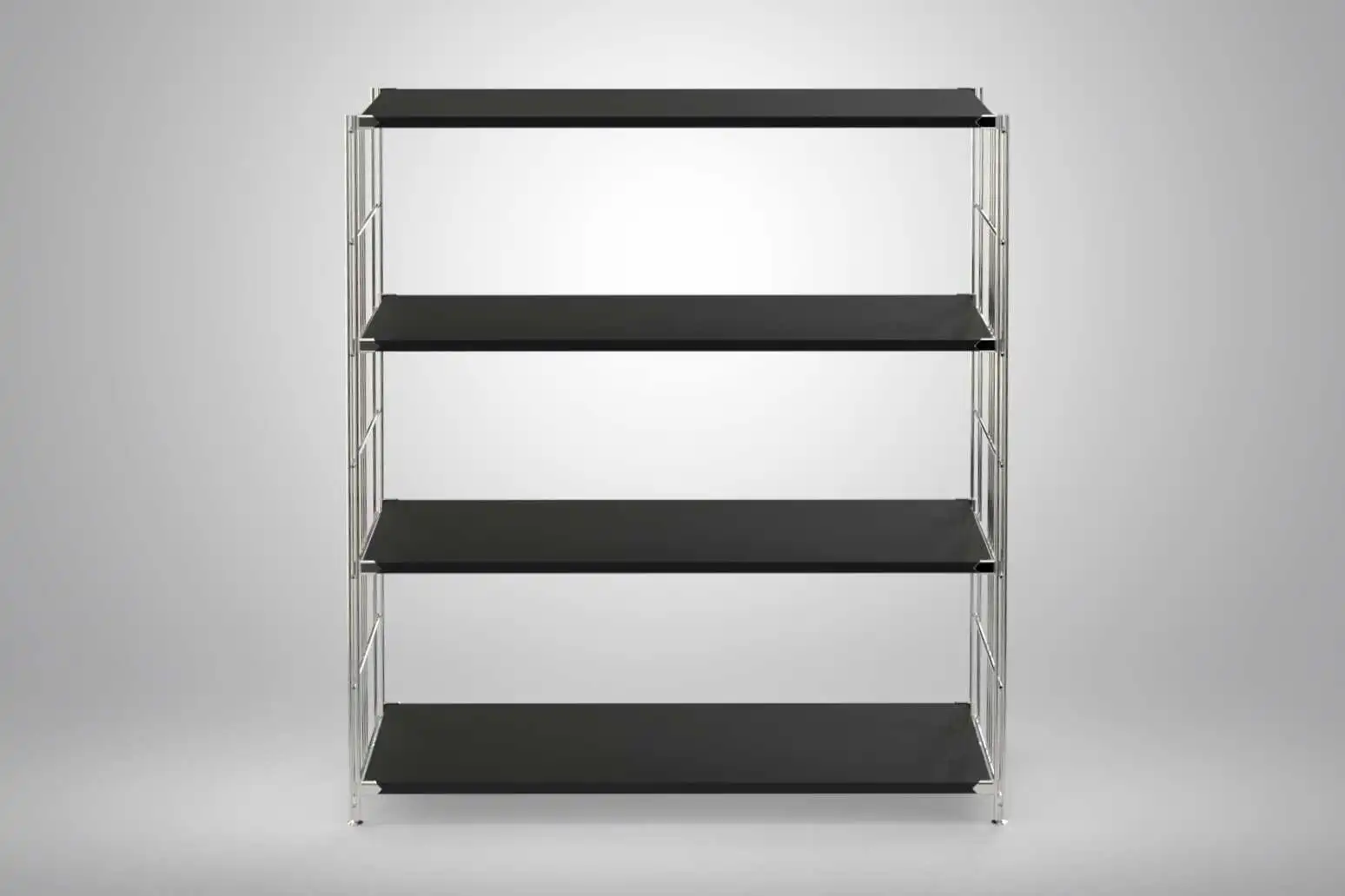 Regal 117x104x38 mit schwarz lackierten Holzböden und Chrom Leitern - modular erweiterbar