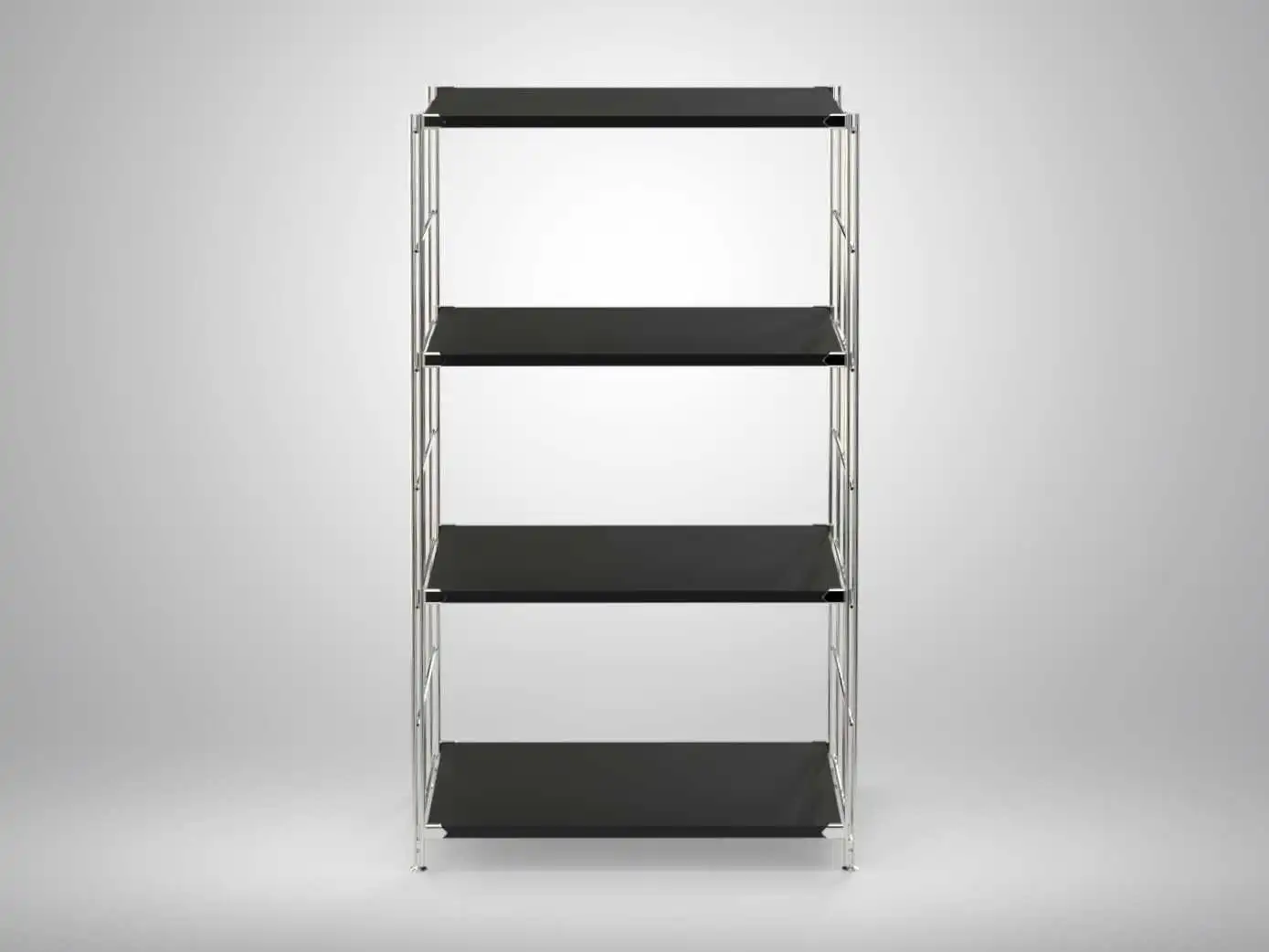 Regal 117x65x38 mit schwarz lackierten Holzböden und Chrom Leitern - modular erweiterbar