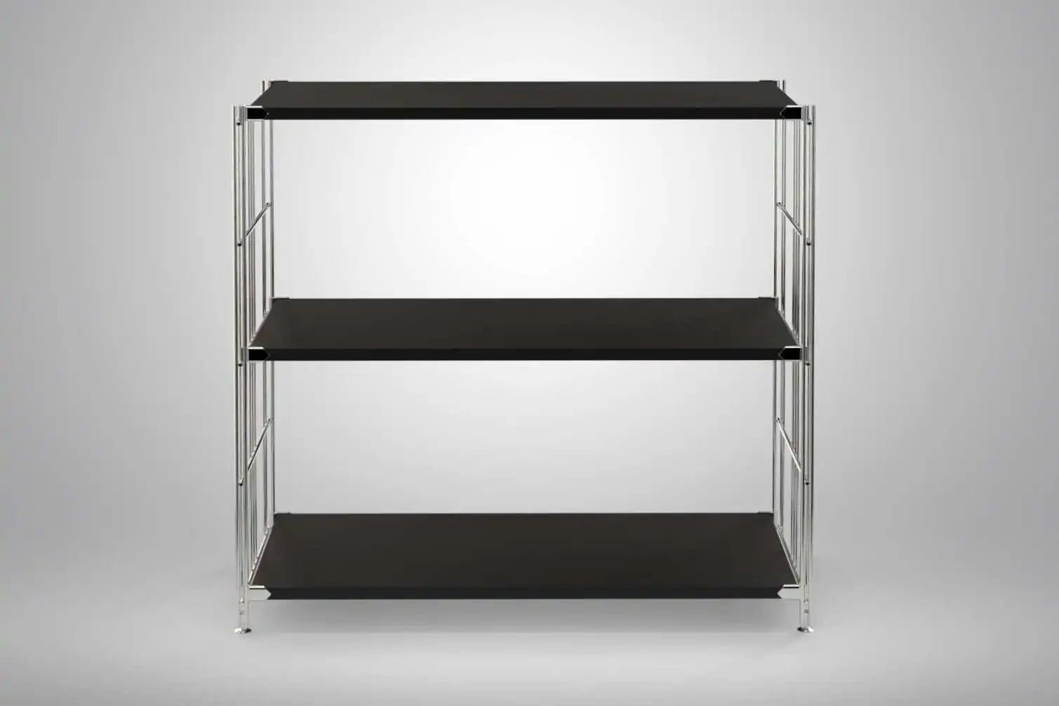 Regal 80x85x38 mit schwarz lackierten Holzböden und Chrom Leitern - modular erweiterbar