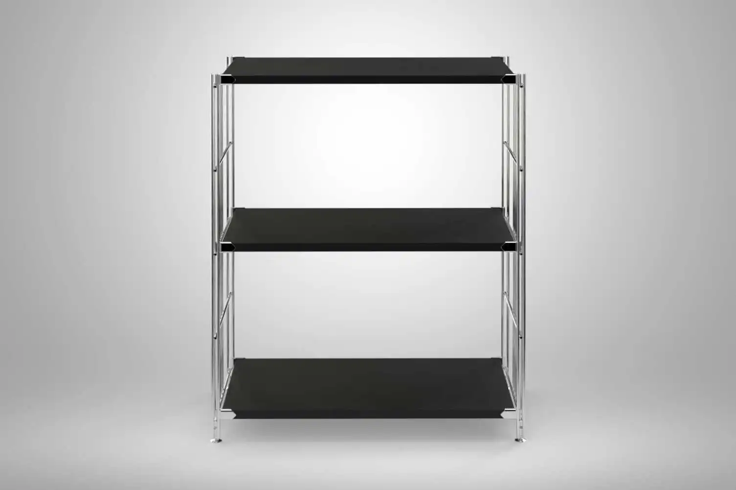 Regal 80x65x38 mit schwarz lackierten Holzböden und Chrom Leitern - modular erweiterbar