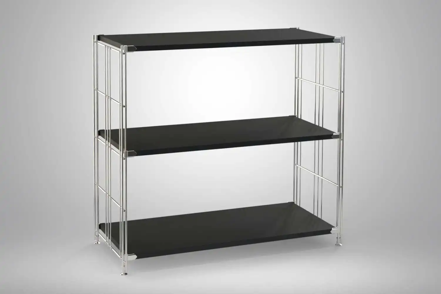 Regal 80x85x38 mit schwarz lackierten Holzböden und Chrom Leitern - modular erweiterbar