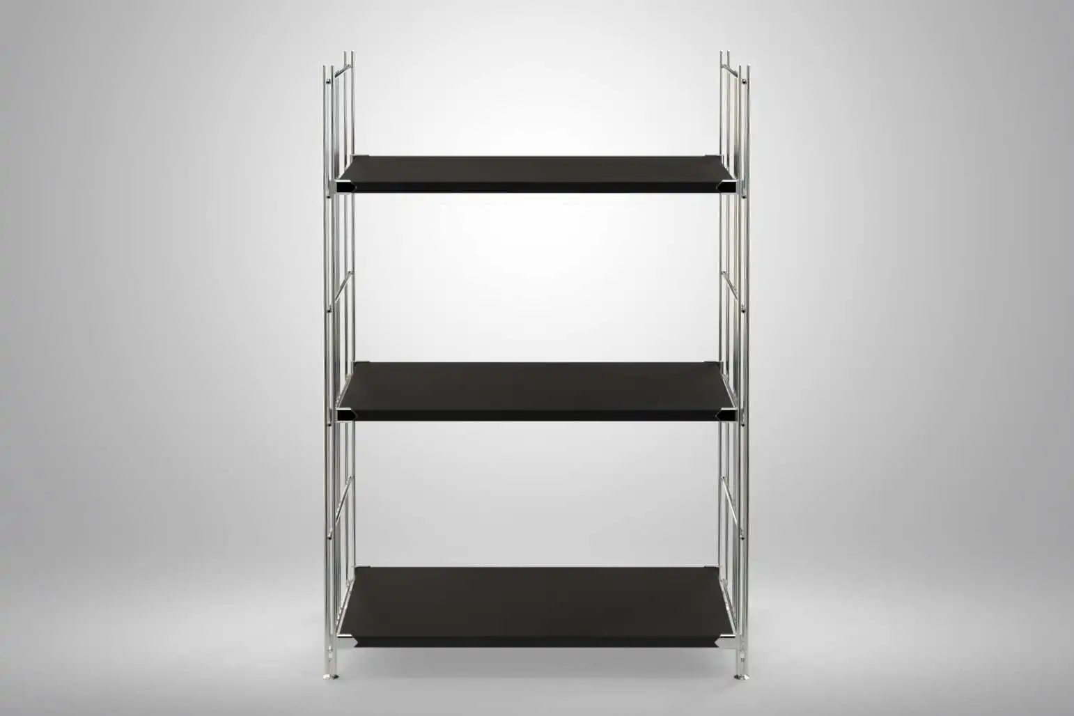 Regal 98x65x38 mit schwarz lackierten Holzböden und Chrom Leitern - modular erweiterbar