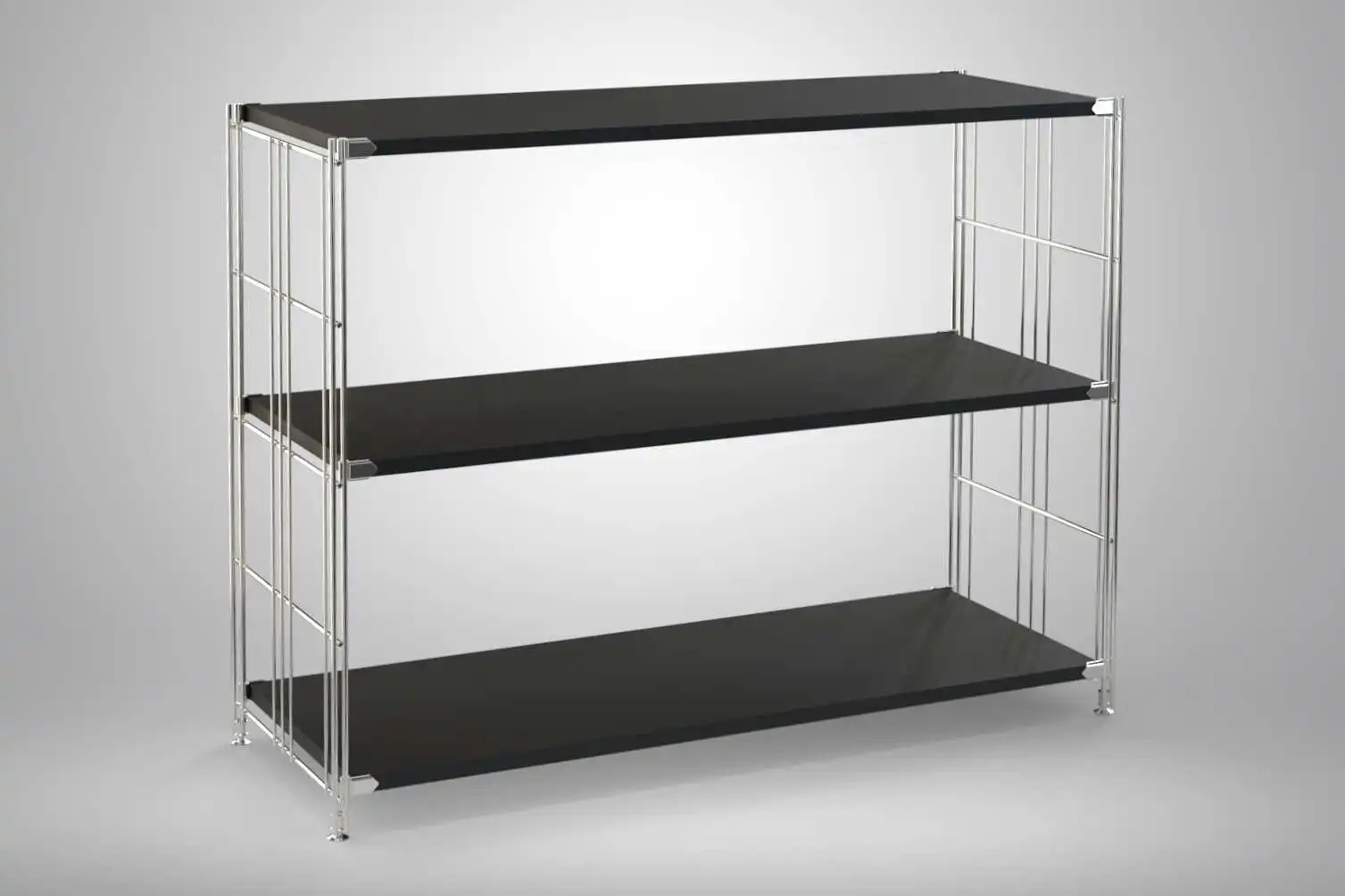 Regal 80x104x38 mit schwarz lackierten Holzböden und Chrom Leitern - modular erweiterbar