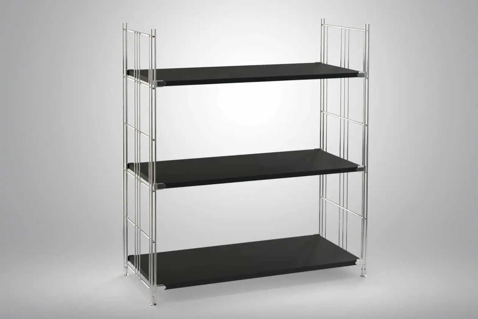 Regal 98x85x38 mit schwarz lackierten Holzböden und Chrom Leitern - modular erweiterbar