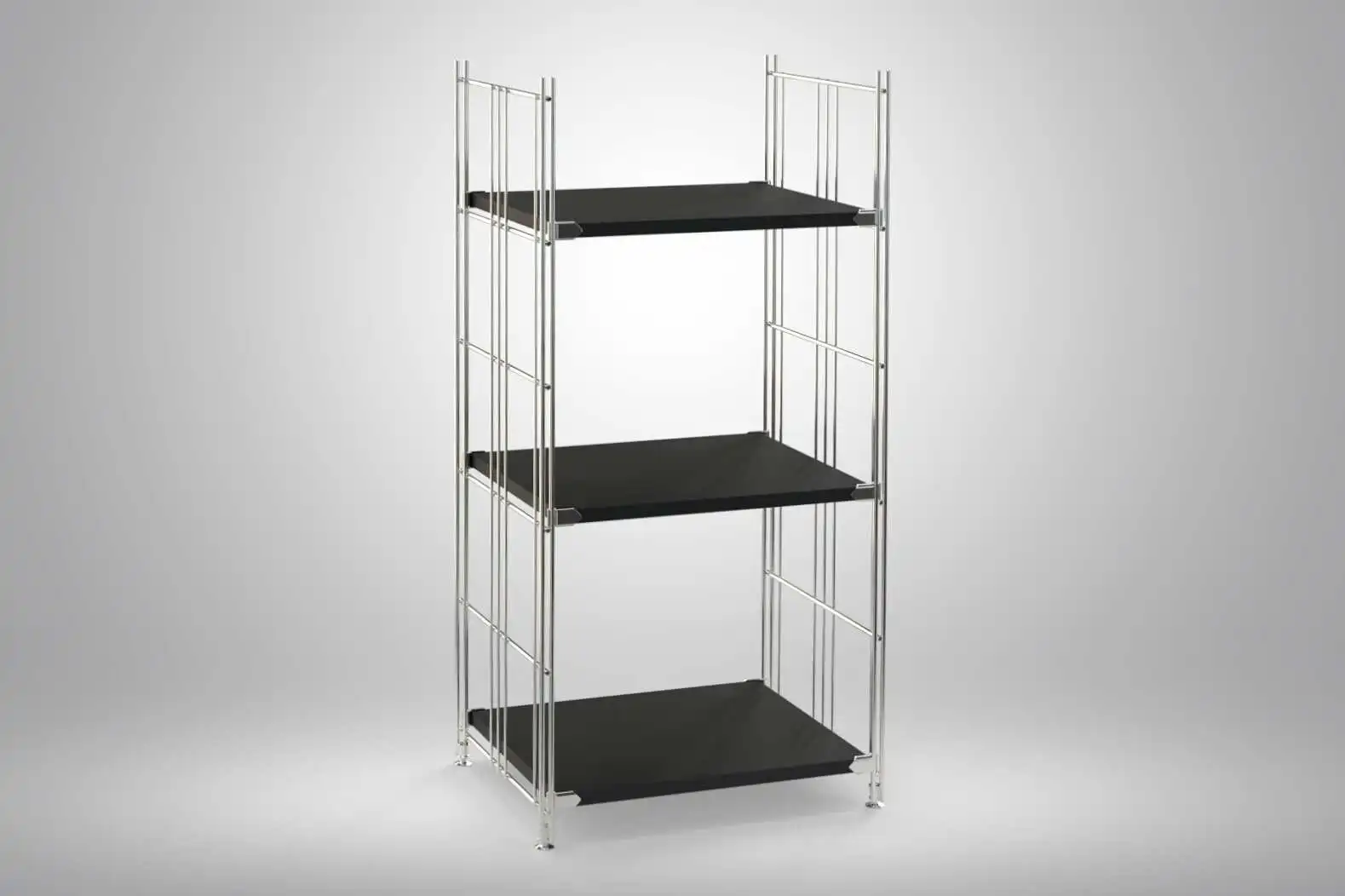 Regal 98x46x38 mit schwarz lackierten Holzböden und Chrom Leitern - modular erweiterbar