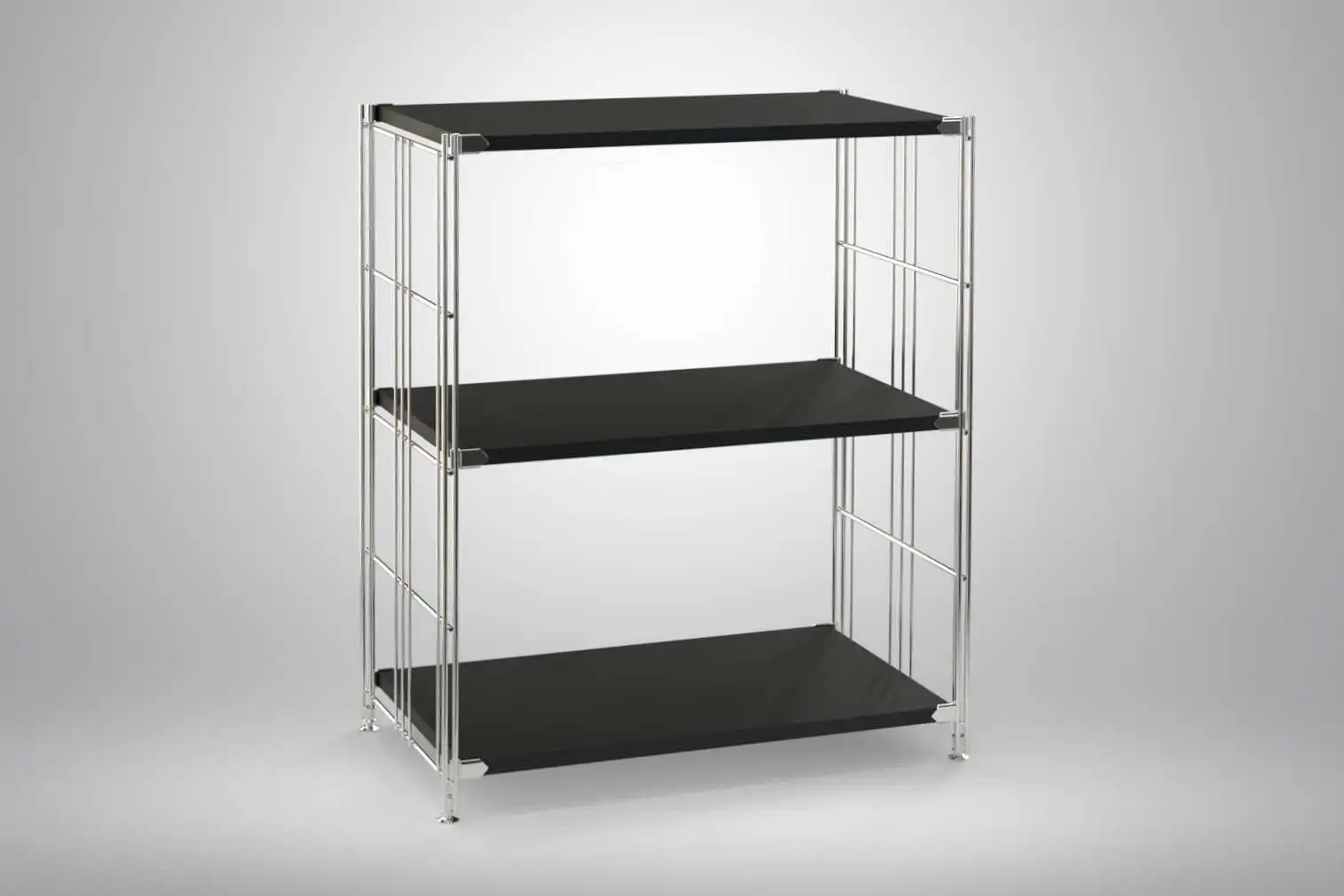 Regal 80x65x38 mit schwarz lackierten Holzböden und Chrom Leitern - modular erweiterbar