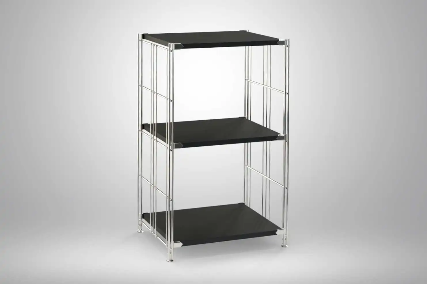 Regal 80x46x38 mit schwarz lackierten Holzböden und Chrom Leitern - modular erweiterbar