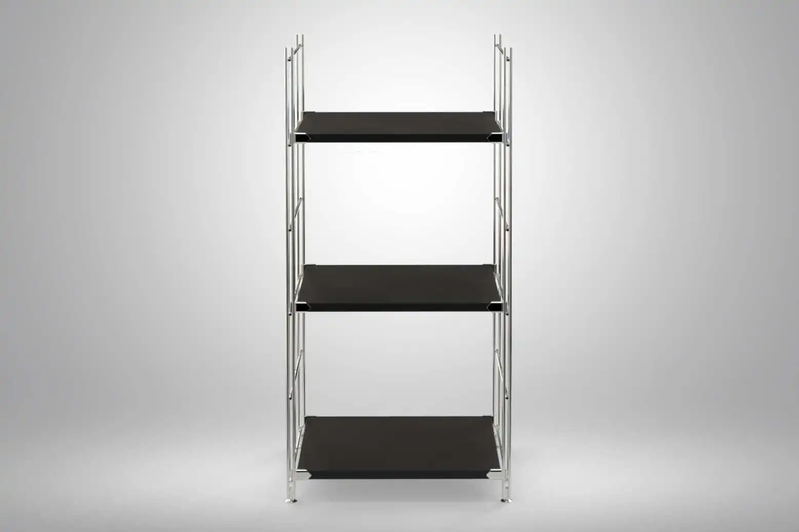 Regal 98x46x38 mit schwarz lackierten Holzböden und Chrom Leitern - modular erweiterbar